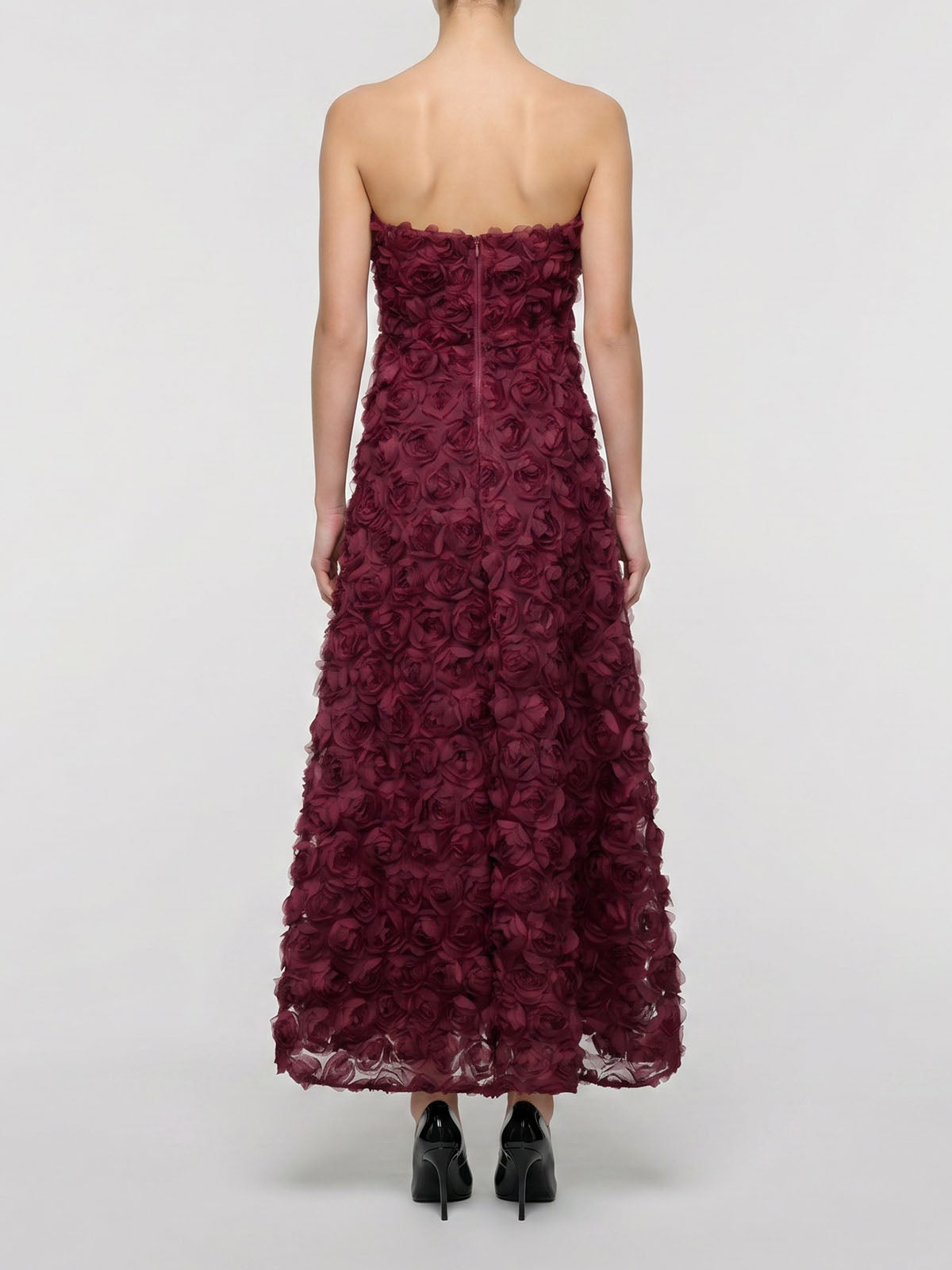 Romantic Strapless A Line 3D Flower Formal Maxi Dress - Burgundy