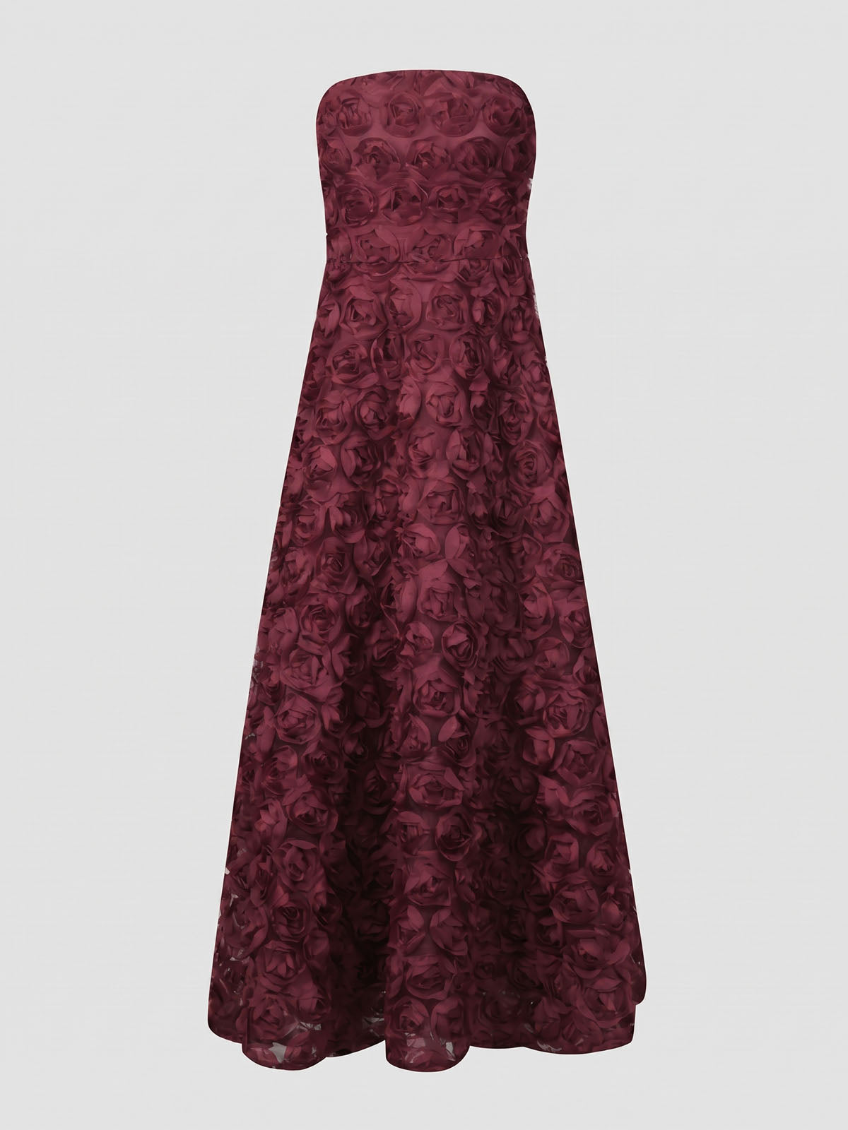 Romantic Strapless A Line 3D Flower Formal Maxi Dress - Burgundy