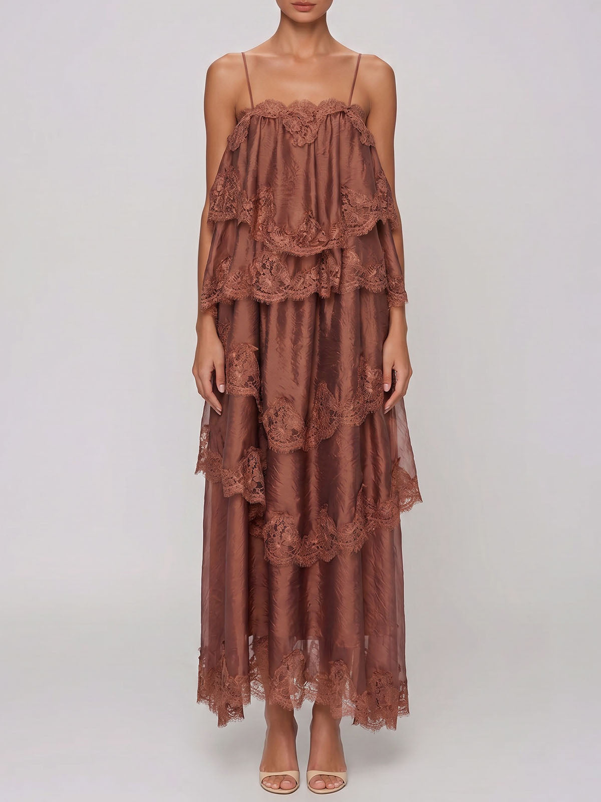 Romantic Tiered Scalloped Eyelash Lace Trim Slip Maxi Dress - Brown