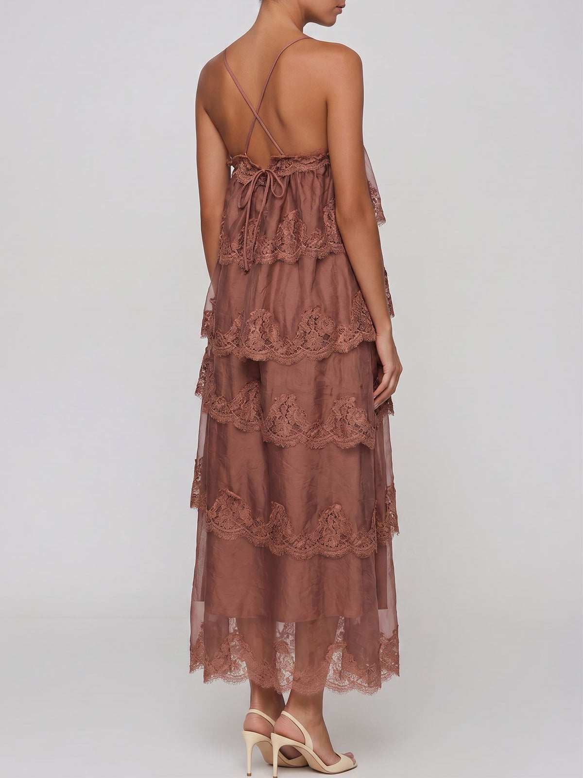 Romantic Tiered Scalloped Eyelash Lace Trim Slip Maxi Dress - Brown