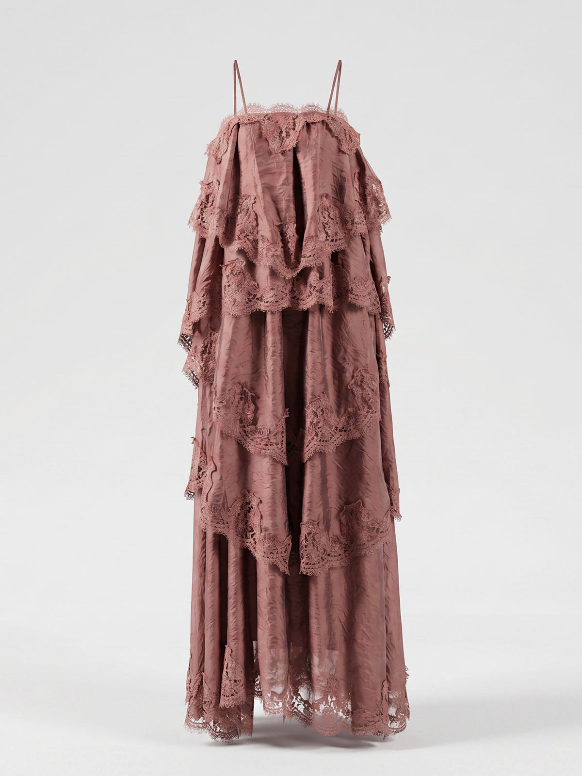 Romantic Tiered Scalloped Eyelash Lace Trim Slip Maxi Dress - Brown