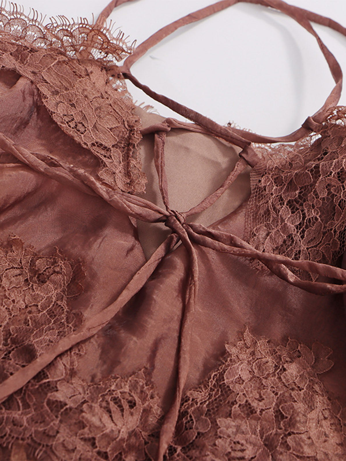 Romantic Tiered Scalloped Eyelash Lace Trim Slip Maxi Dress - Brown