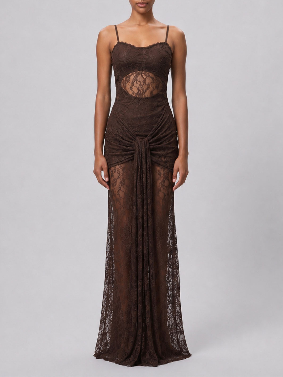 Sexy Bustier Draped Fishtail Spaghetti Lace Formal Maxi Dress - Coffee