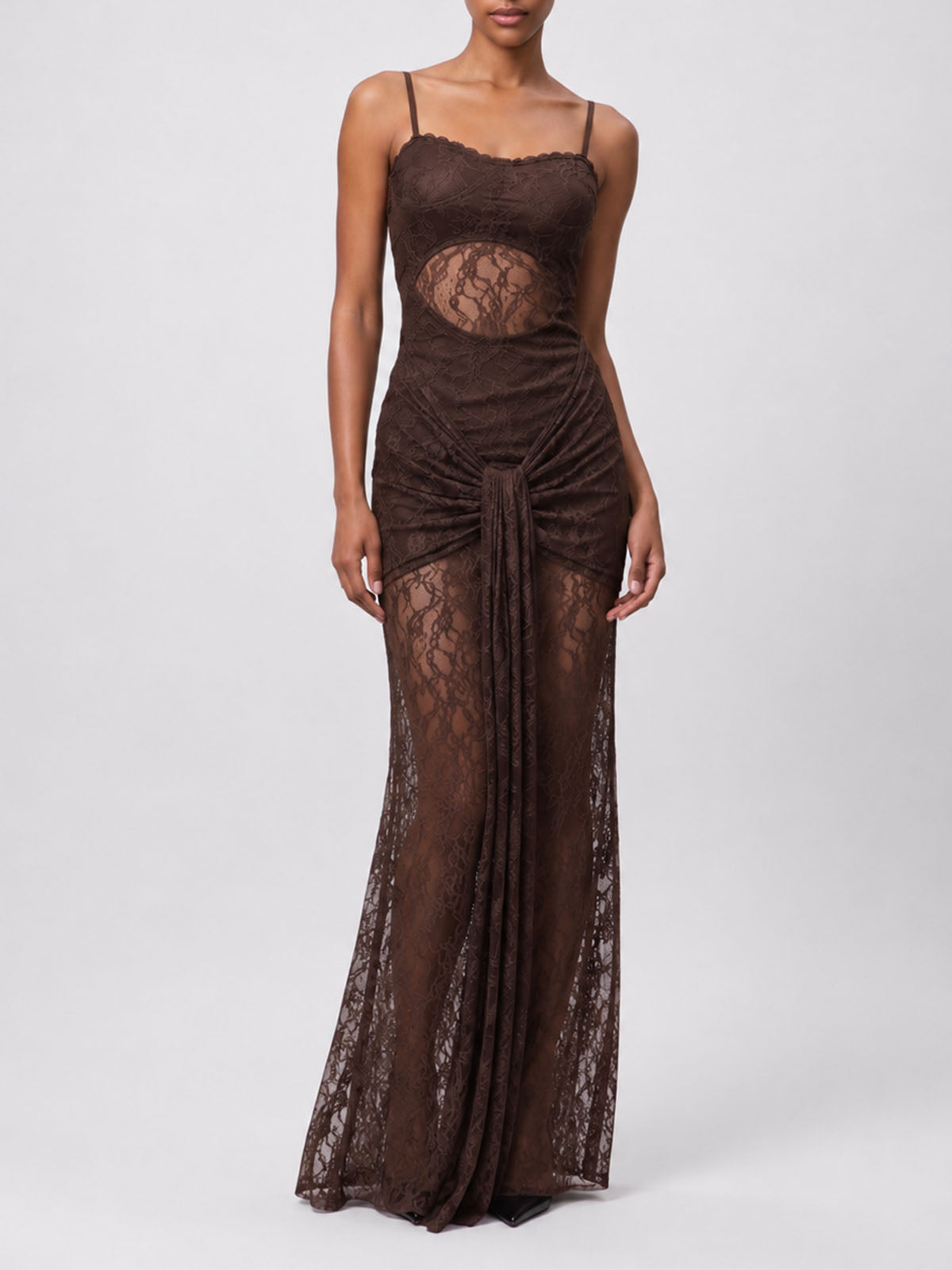 Sexy Bustier Draped Fishtail Spaghetti Lace Formal Maxi Dress - Coffee