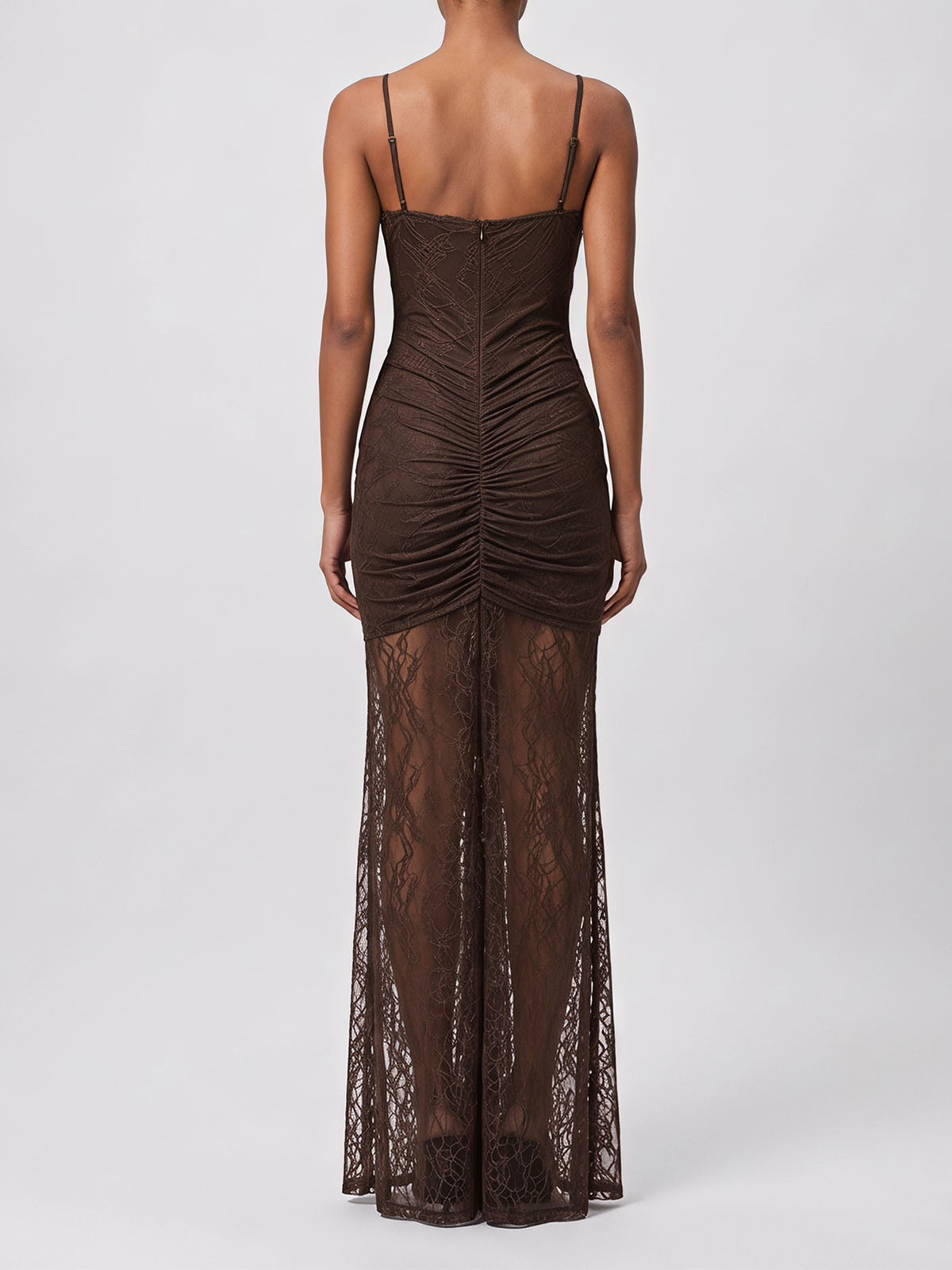 Sexy Bustier Draped Fishtail Spaghetti Lace Formal Maxi Dress - Coffee