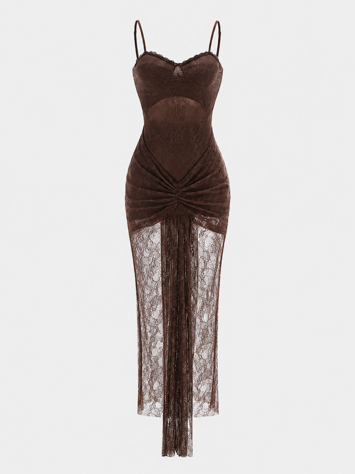 Sexy Bustier Draped Fishtail Spaghetti Lace Formal Maxi Dress - Coffee