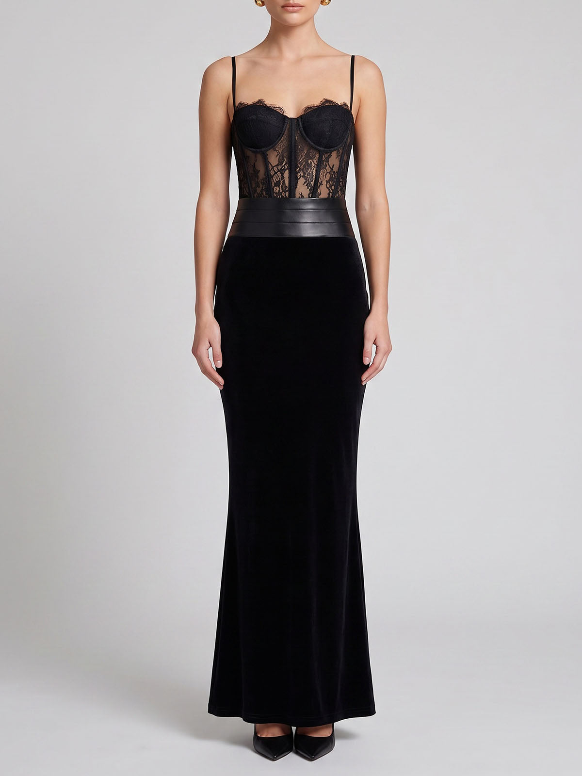 Sexy Bustier Lace Corset Velvet Mermaid Formal Maxi Dress - Black