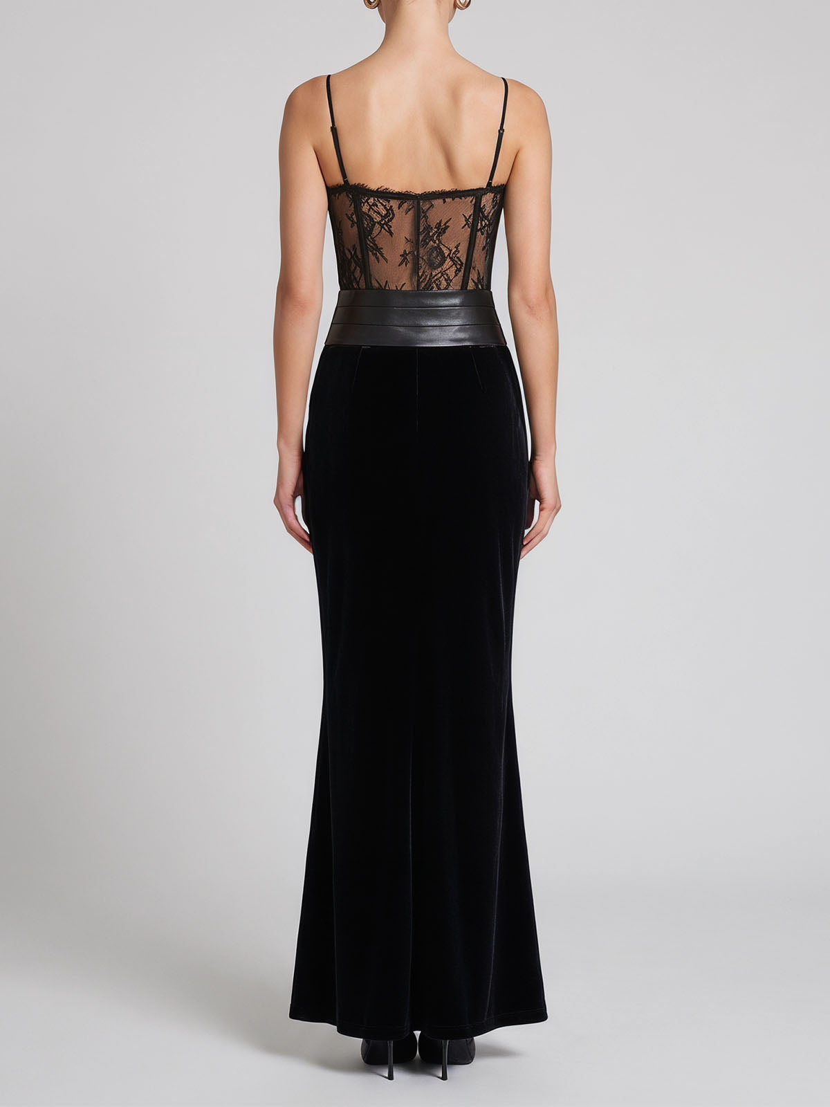Sexy Bustier Lace Corset Velvet Mermaid Formal Maxi Dress - Black
