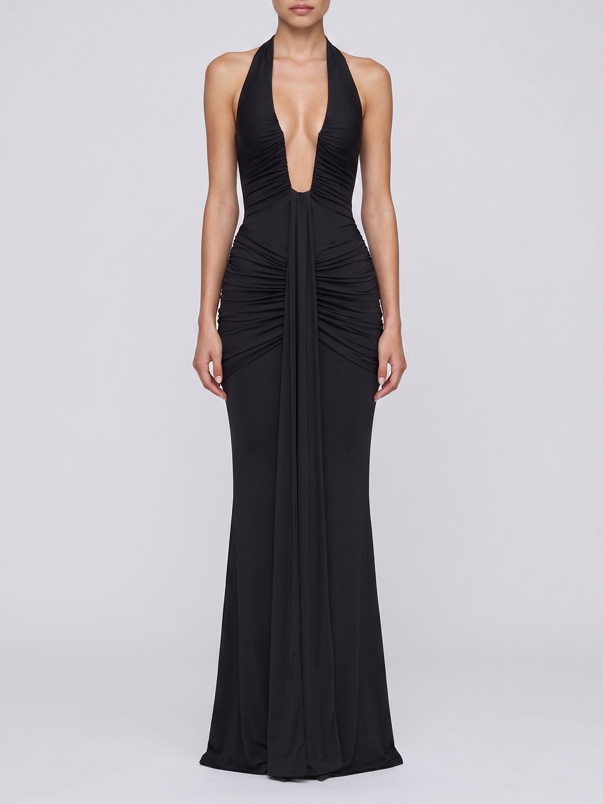 Sexy Deep V Halter Ruched Draped Mermaid Formal Maxi Dress - Black