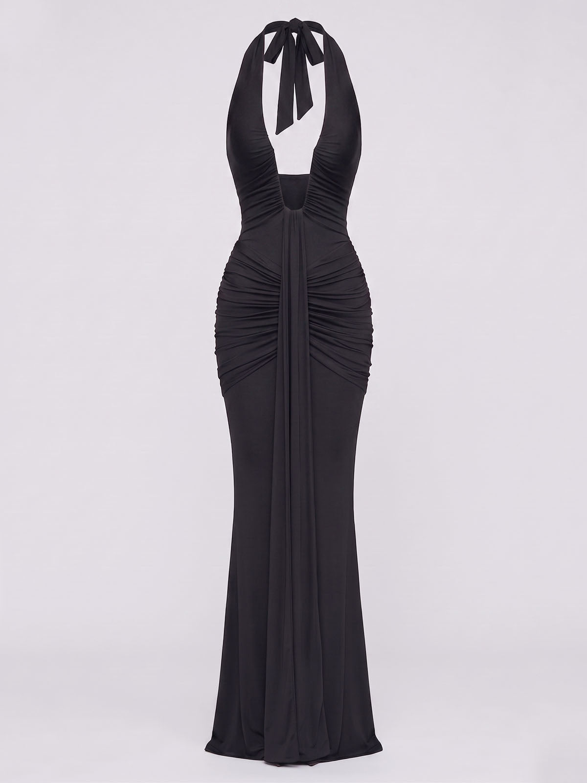 Sexy Deep V Halter Ruched Draped Mermaid Formal Maxi Dress - Black