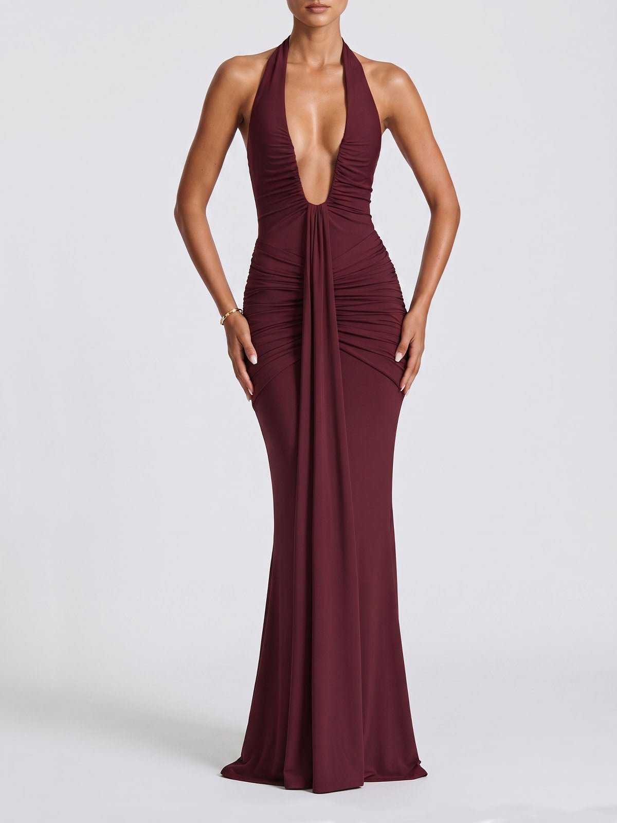 Sexy Deep V Halter Ruched Draped Mermaid Formal Maxi Dress - Burgundy