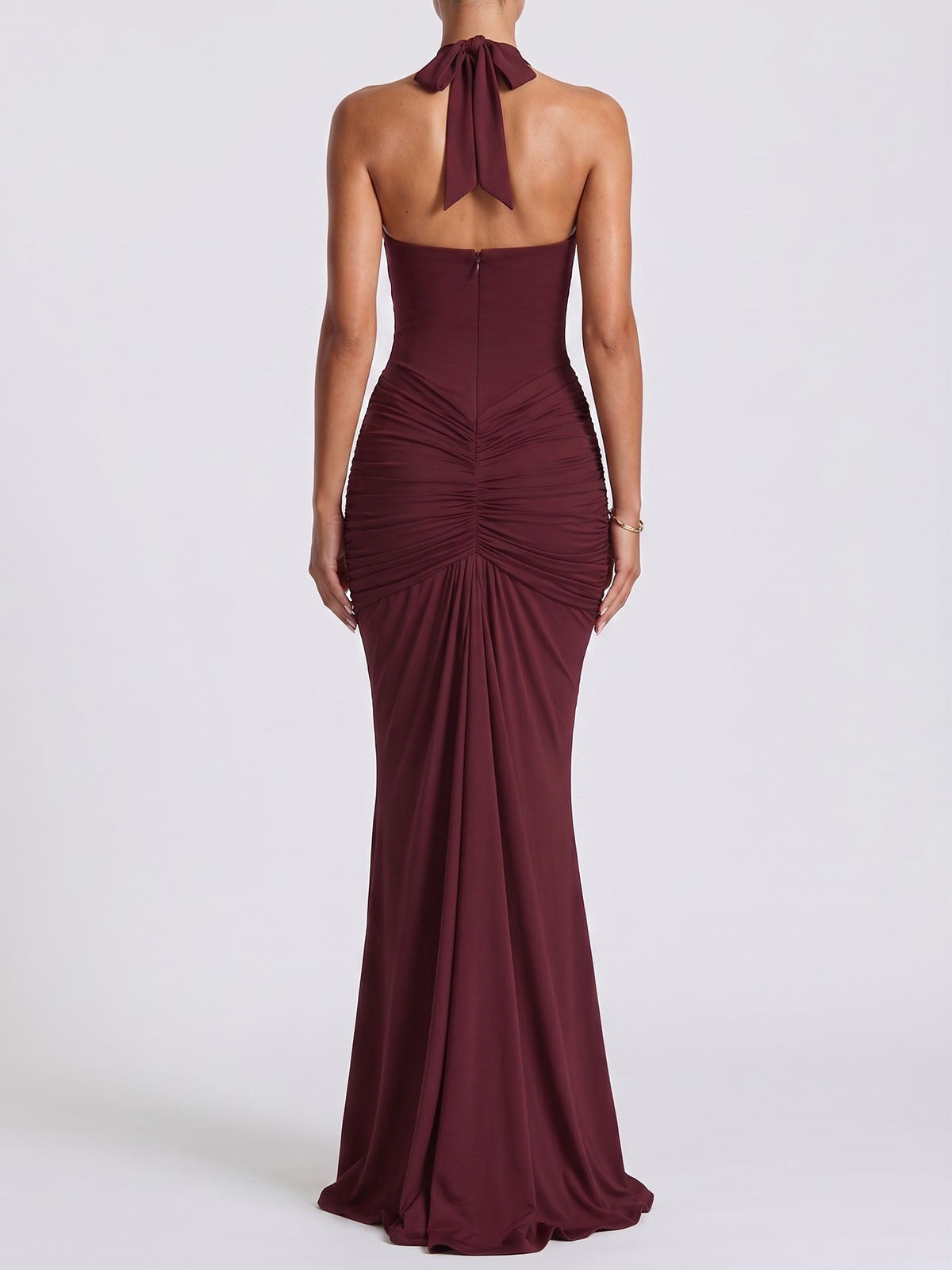 Sexy Deep V Halter Ruched Draped Mermaid Formal Maxi Dress - Burgundy
