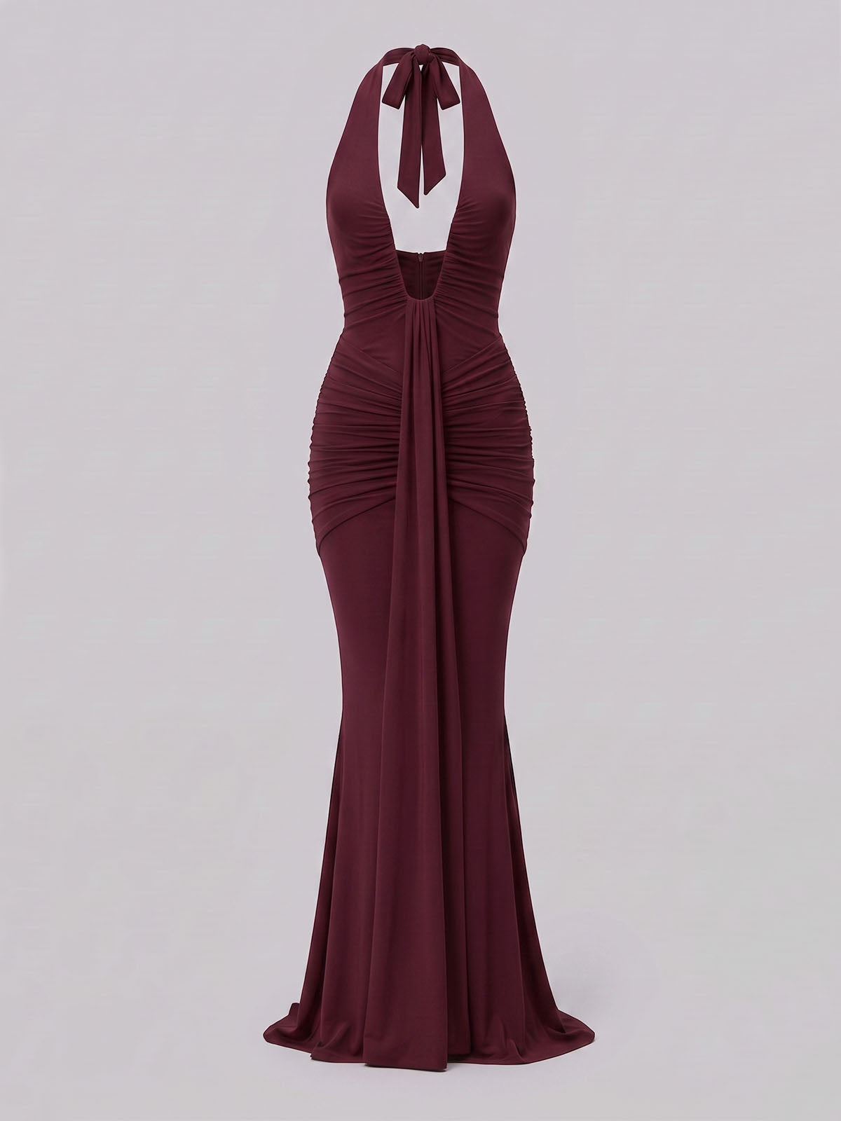 Sexy Deep V Halter Ruched Draped Mermaid Formal Maxi Dress - Burgundy