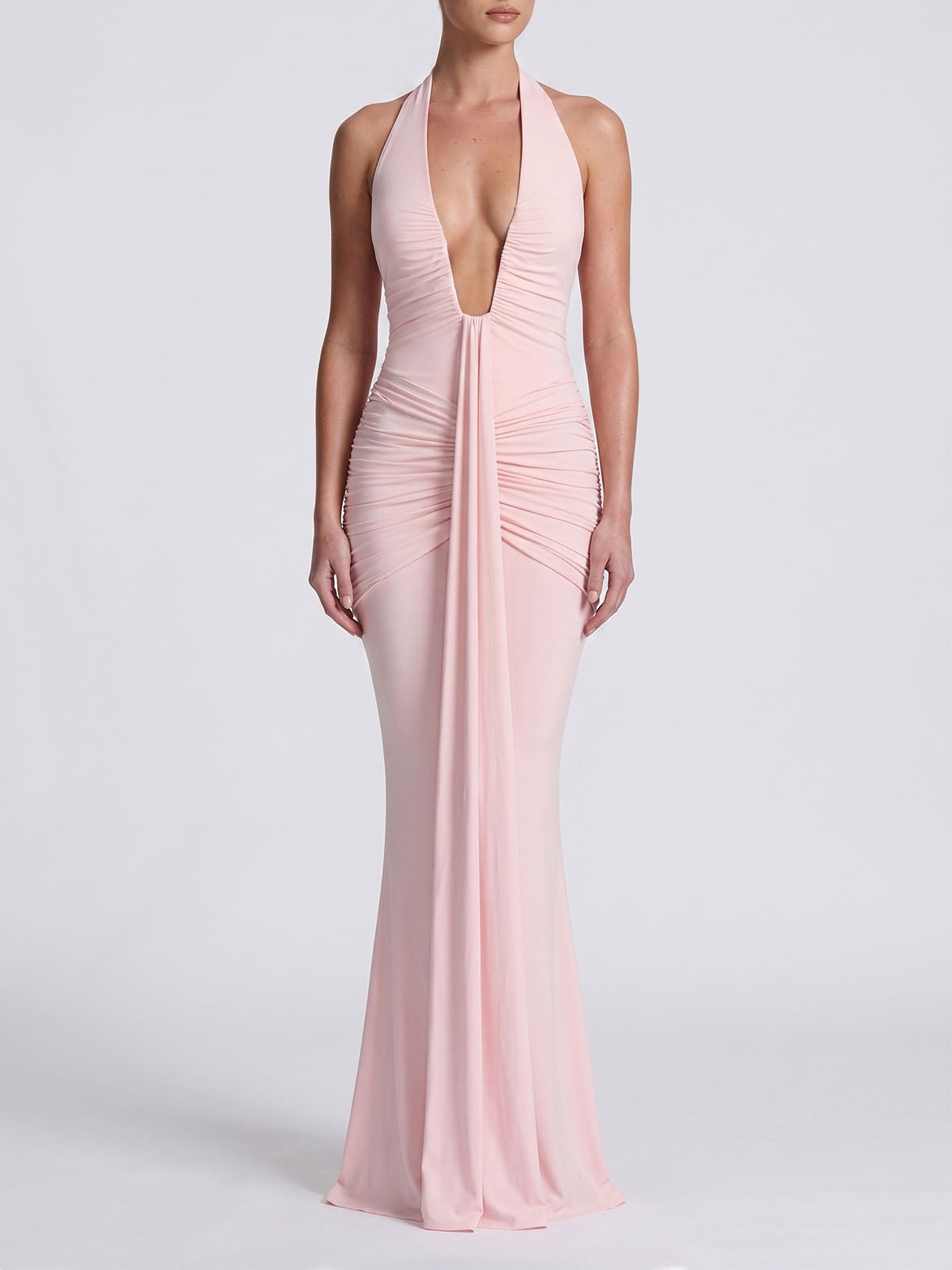 Sexy Deep V Halter Ruched Draped Mermaid Formal Maxi Dress - Pink