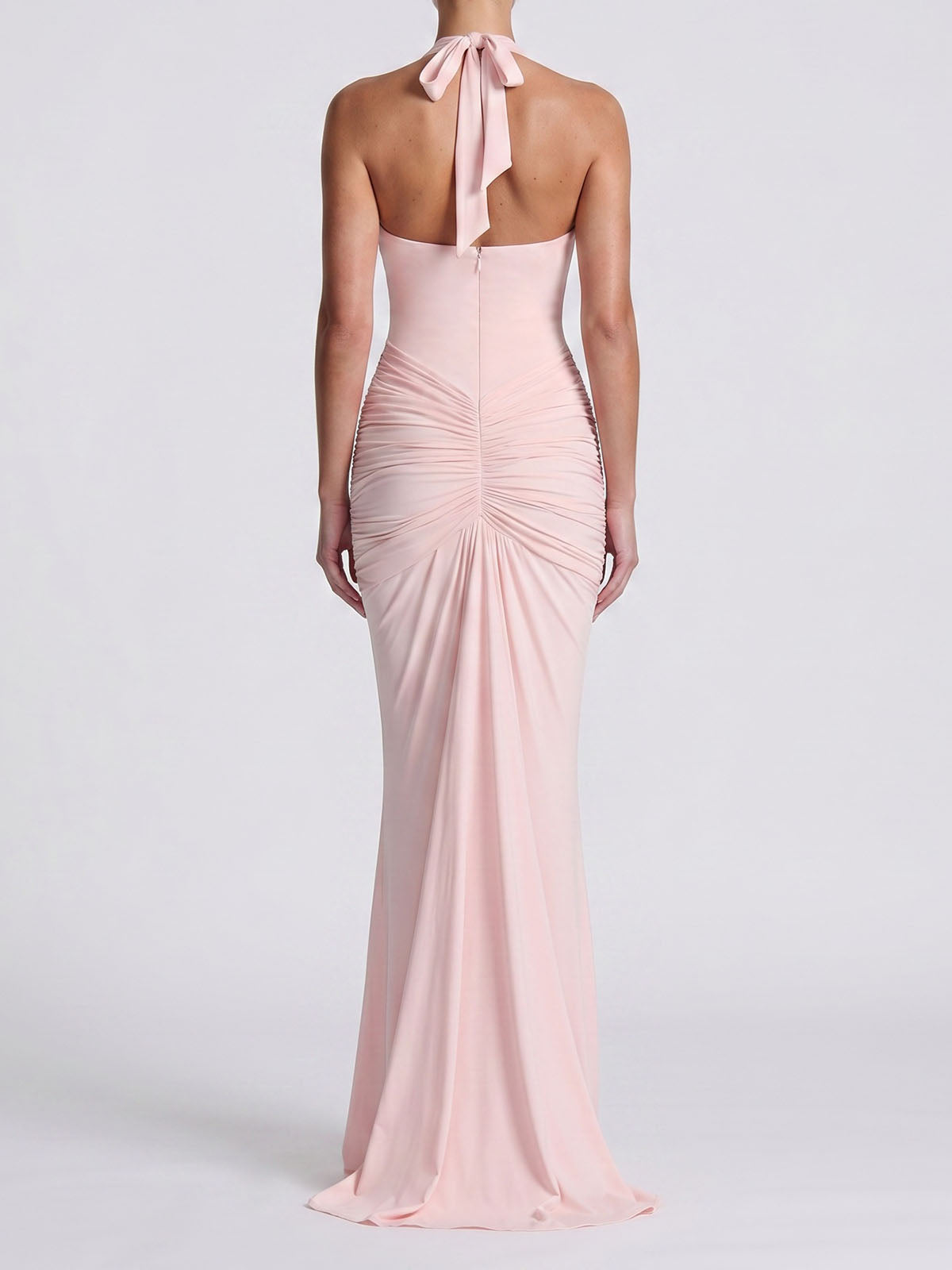 Sexy Deep V Halter Ruched Draped Mermaid Formal Maxi Dress - Pink