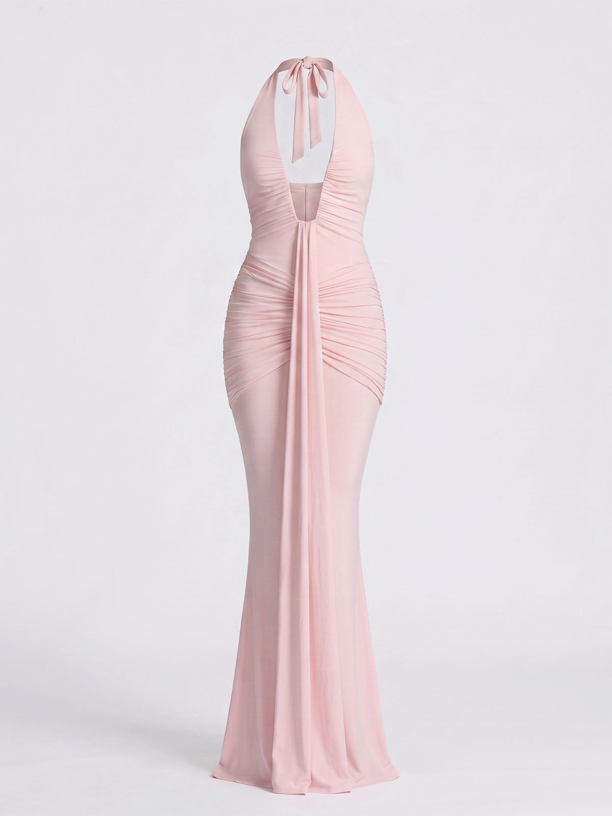 Sexy Deep V Halter Ruched Draped Mermaid Formal Maxi Dress - Pink