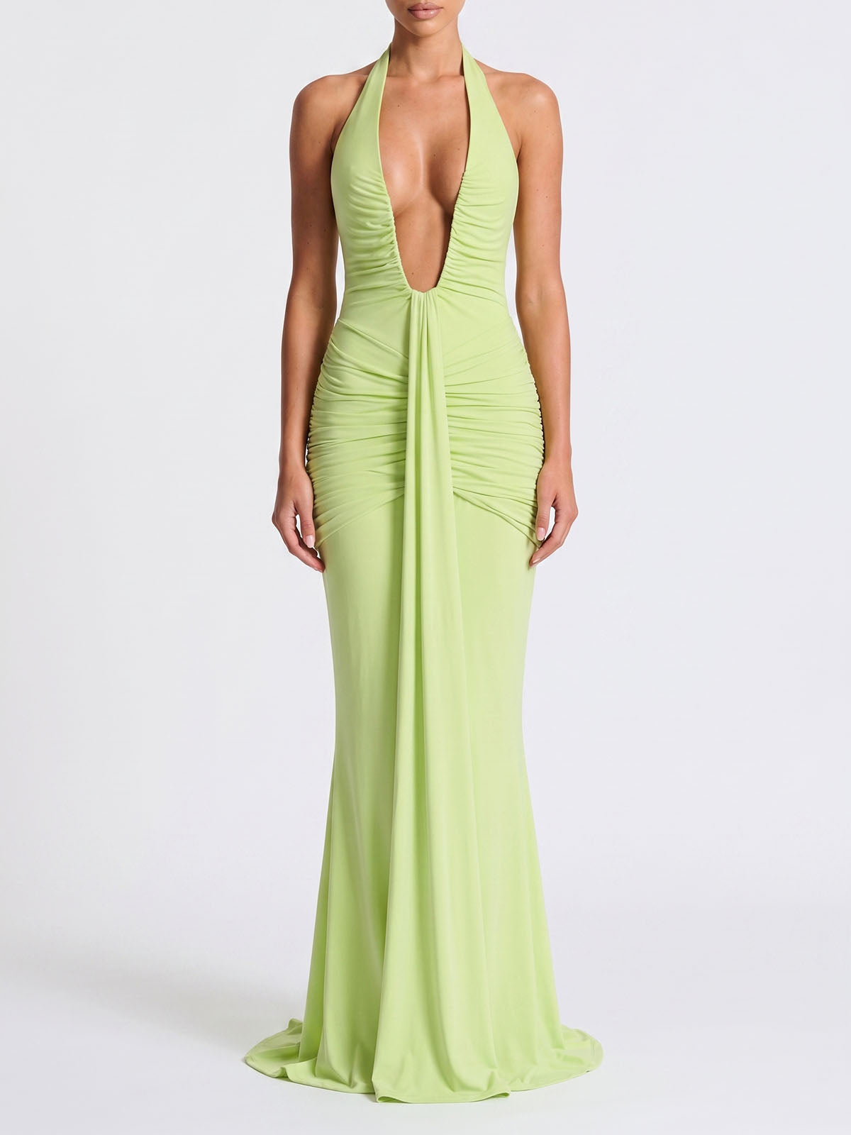 Sexy Deep V Halter Ruched Draped Mermaid Formal Maxi Dress - Sage Green