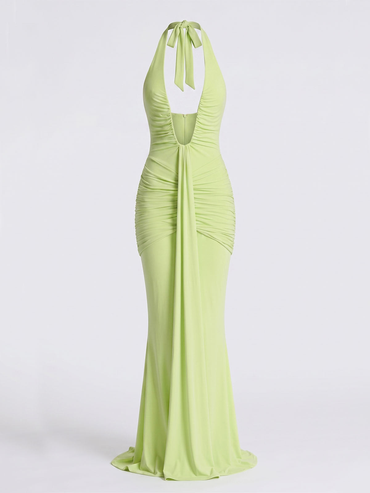 Sexy Deep V Halter Ruched Draped Mermaid Formal Maxi Dress - Sage Green