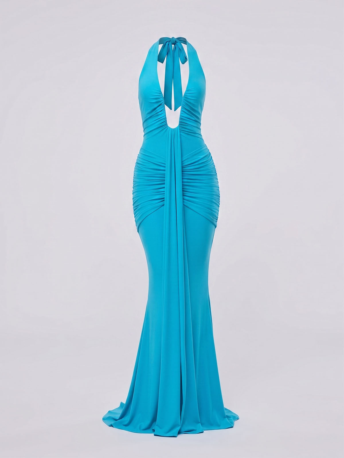 Sexy Deep V Halter Ruched Draped Mermaid Formal Maxi Dress - Teal