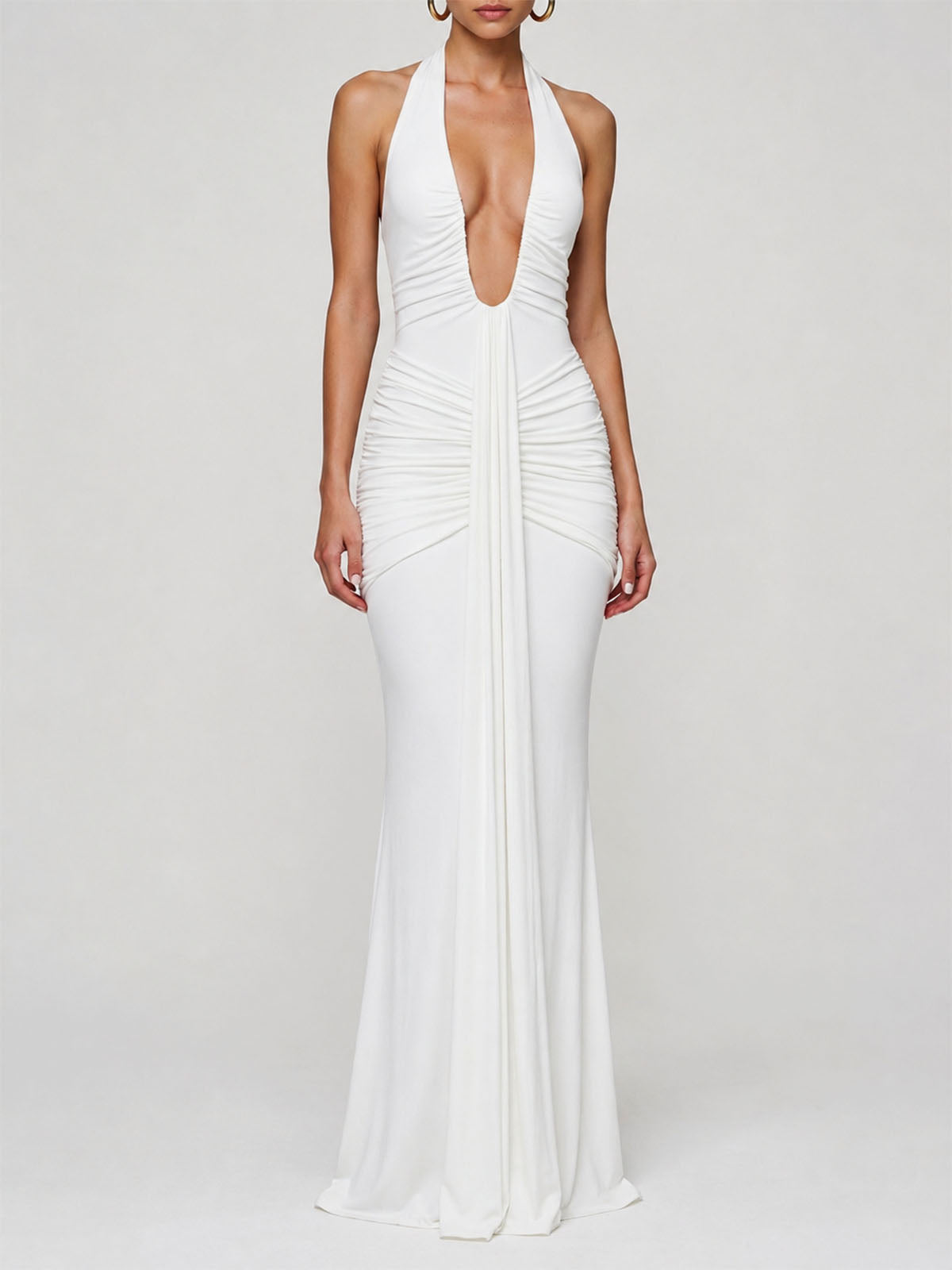 Sexy Deep V Halter Ruched Draped Mermaid Formal Maxi Dress - White