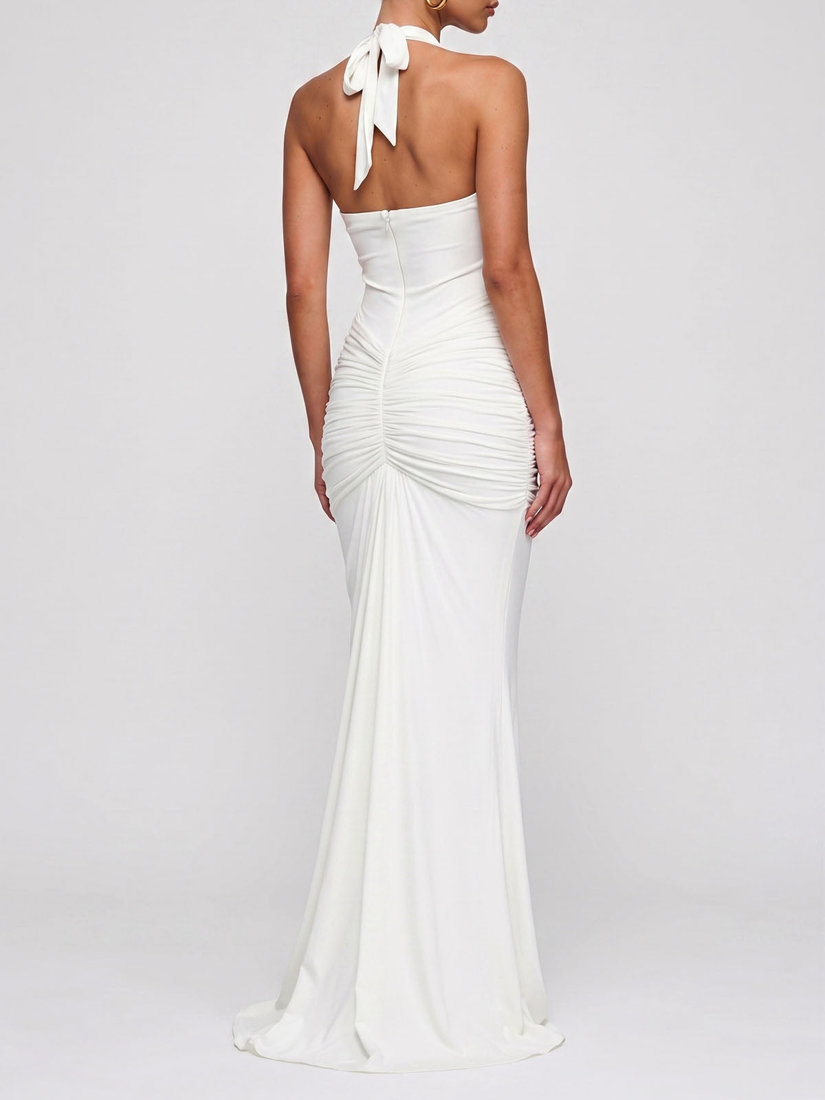 Sexy Deep V Halter Ruched Draped Mermaid Formal Maxi Dress - White