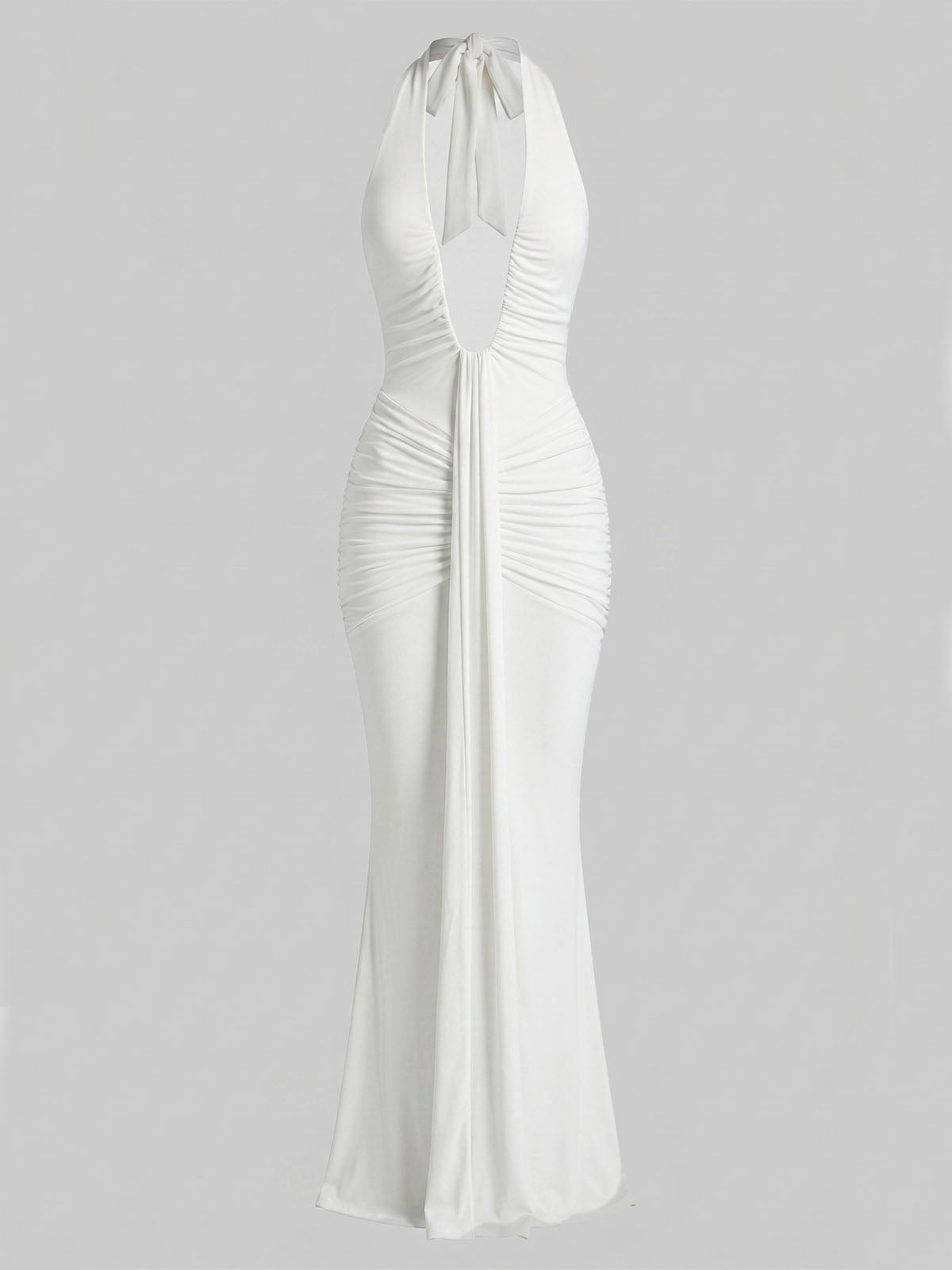 Sexy Deep V Halter Ruched Draped Mermaid Formal Maxi Dress - White