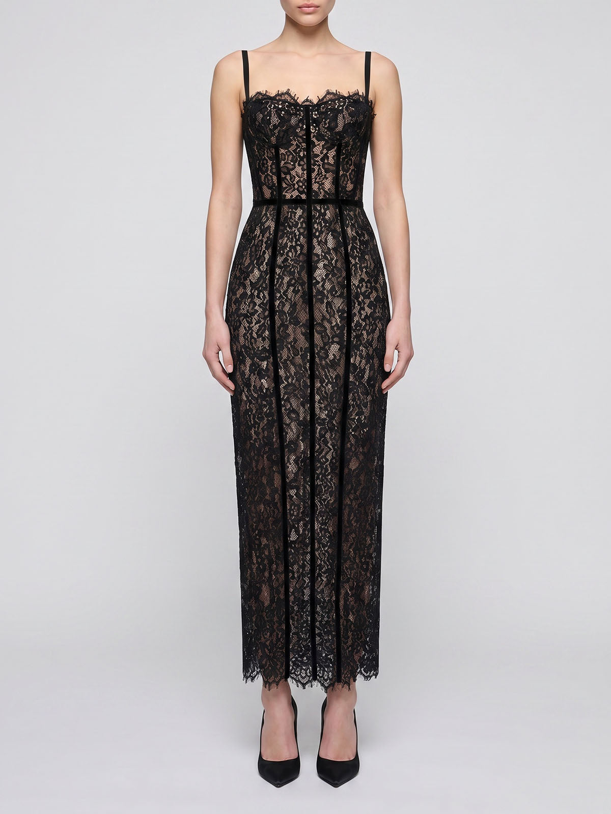 Sexy Eyelash Bustier Corset Sleeveless Floral Lace Maxi Dress - Black