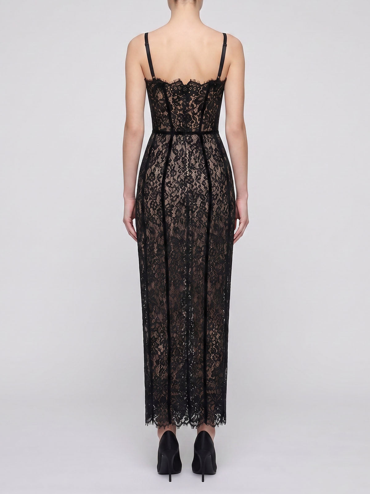 Sexy Eyelash Bustier Corset Sleeveless Floral Lace Maxi Dress - Black