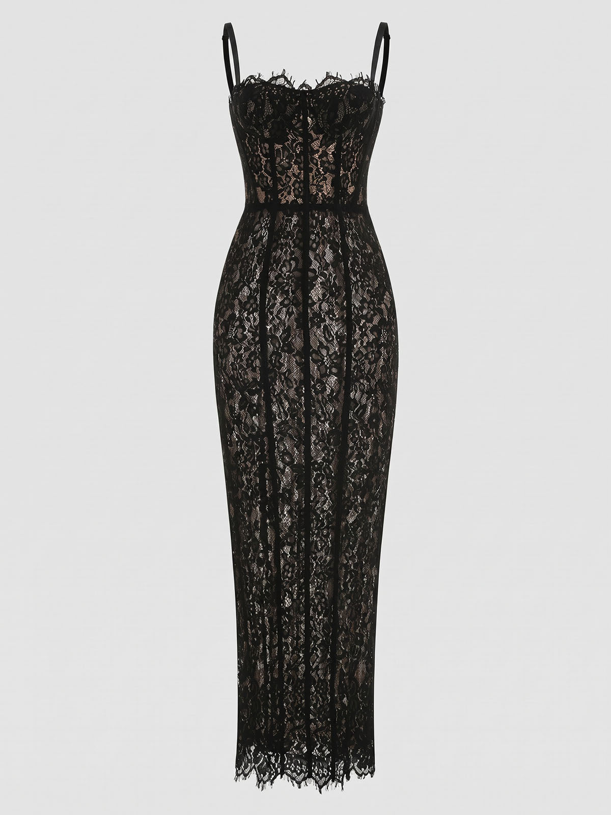 Sexy Eyelash Bustier Corset Sleeveless Floral Lace Maxi Dress - Black