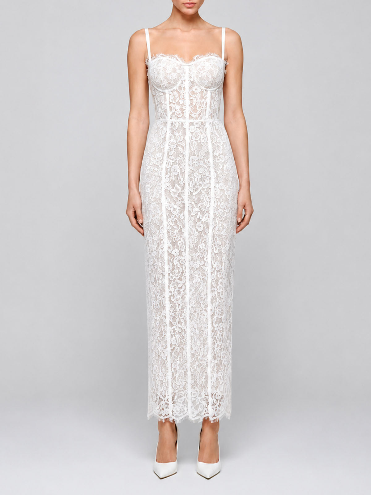 Sexy Eyelash Bustier Corset Sleeveless Floral Lace Maxi Dress - White