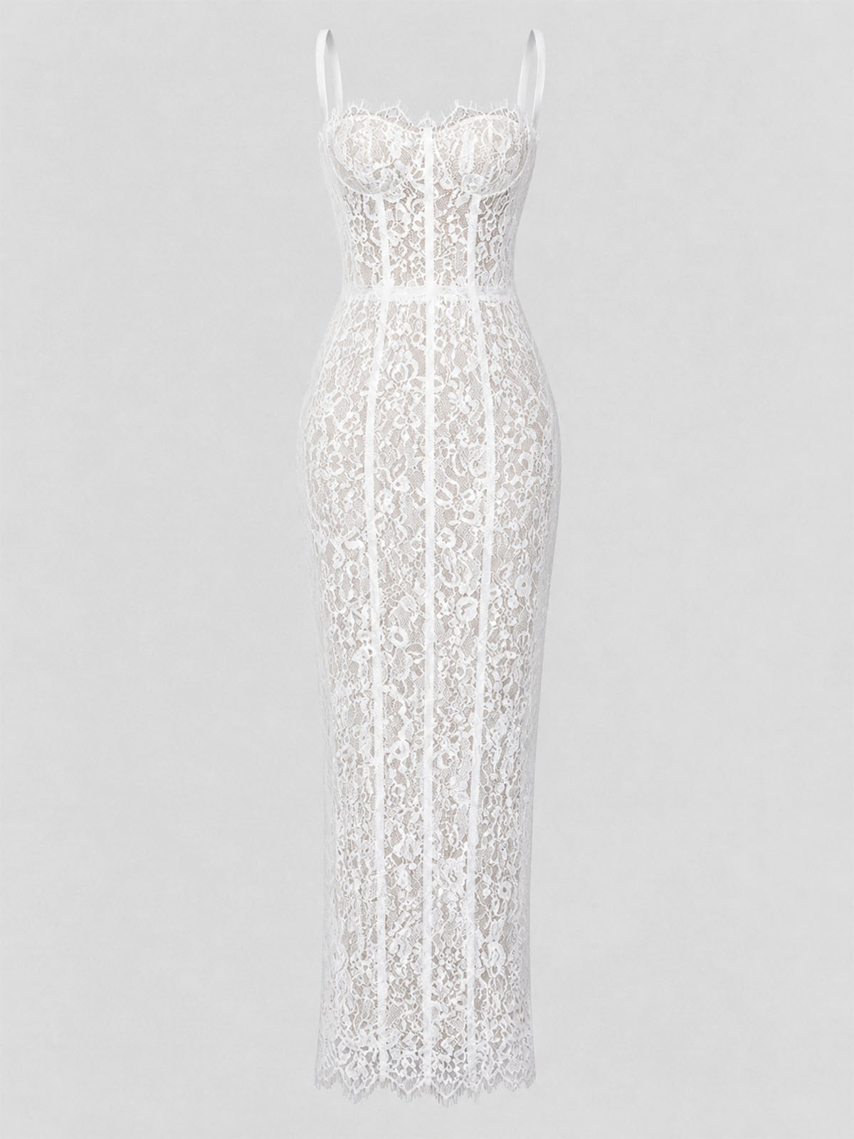 Sexy Eyelash Bustier Corset Sleeveless Floral Lace Maxi Dress - White