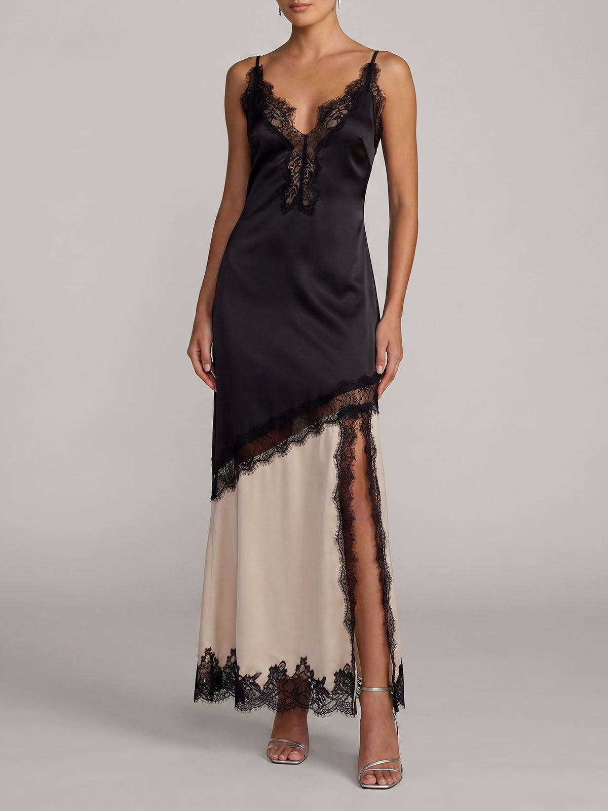 Sexy Eyelash Lace Deep V Spliced Satin Slit Slip Maxi Dress - Black
