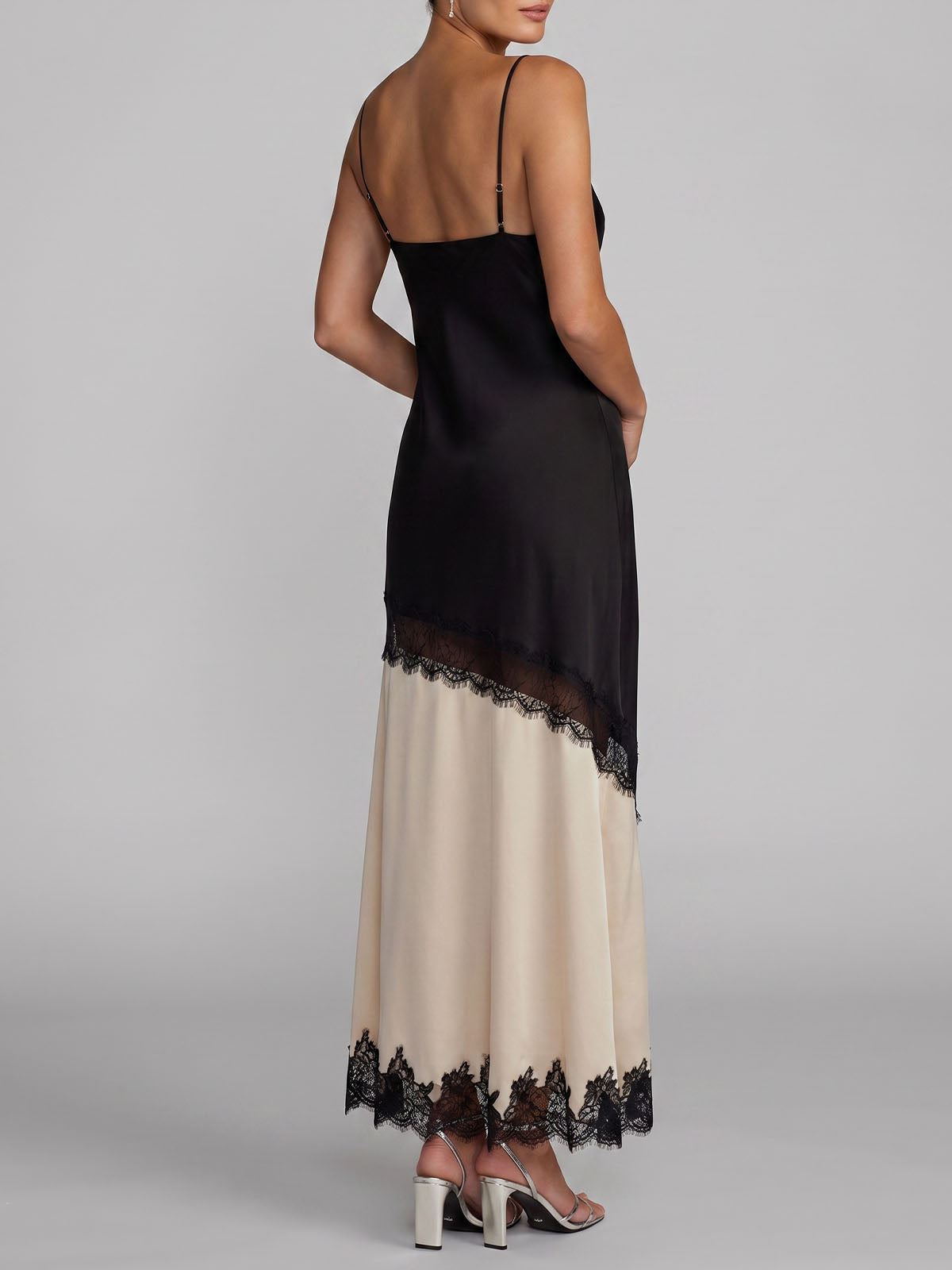 Sexy Eyelash Lace Deep V Spliced Satin Slit Slip Maxi Dress - Black