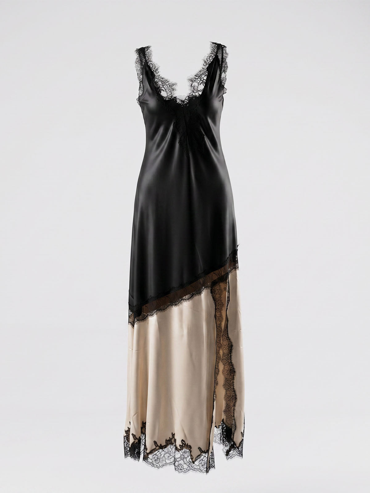 Sexy Eyelash Lace Deep V Spliced Satin Slit Slip Maxi Dress - Black