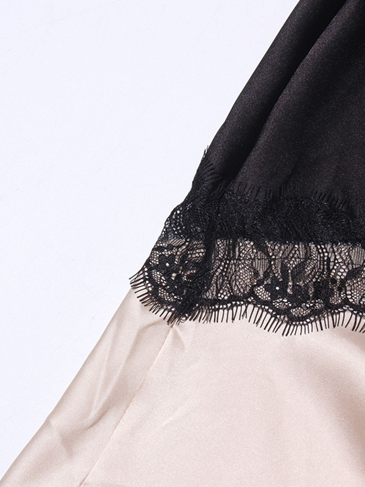 Sexy Eyelash Lace Deep V Spliced Satin Slit Slip Maxi Dress - Black