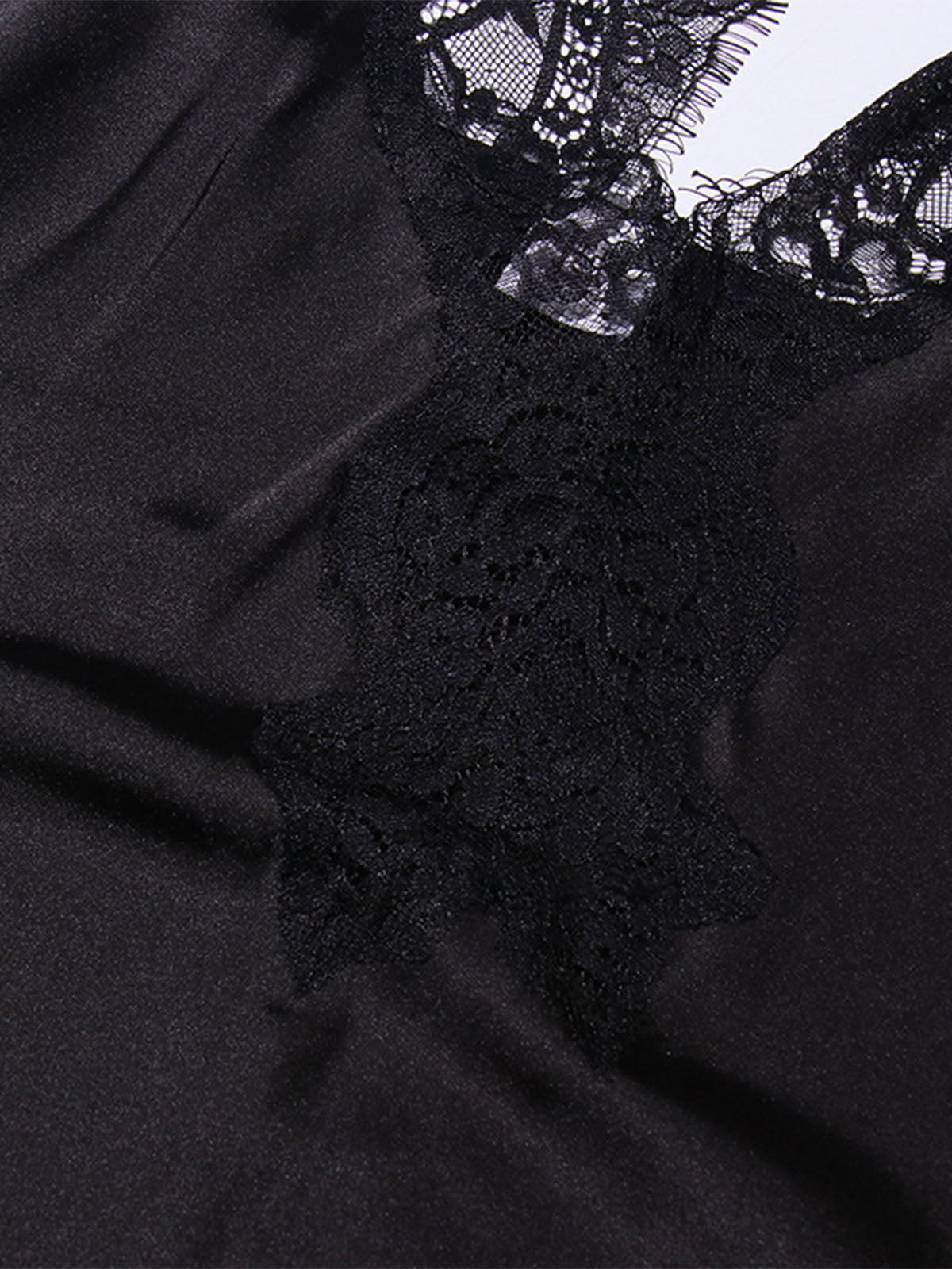 Sexy Eyelash Lace Deep V Spliced Satin Slit Slip Maxi Dress - Black