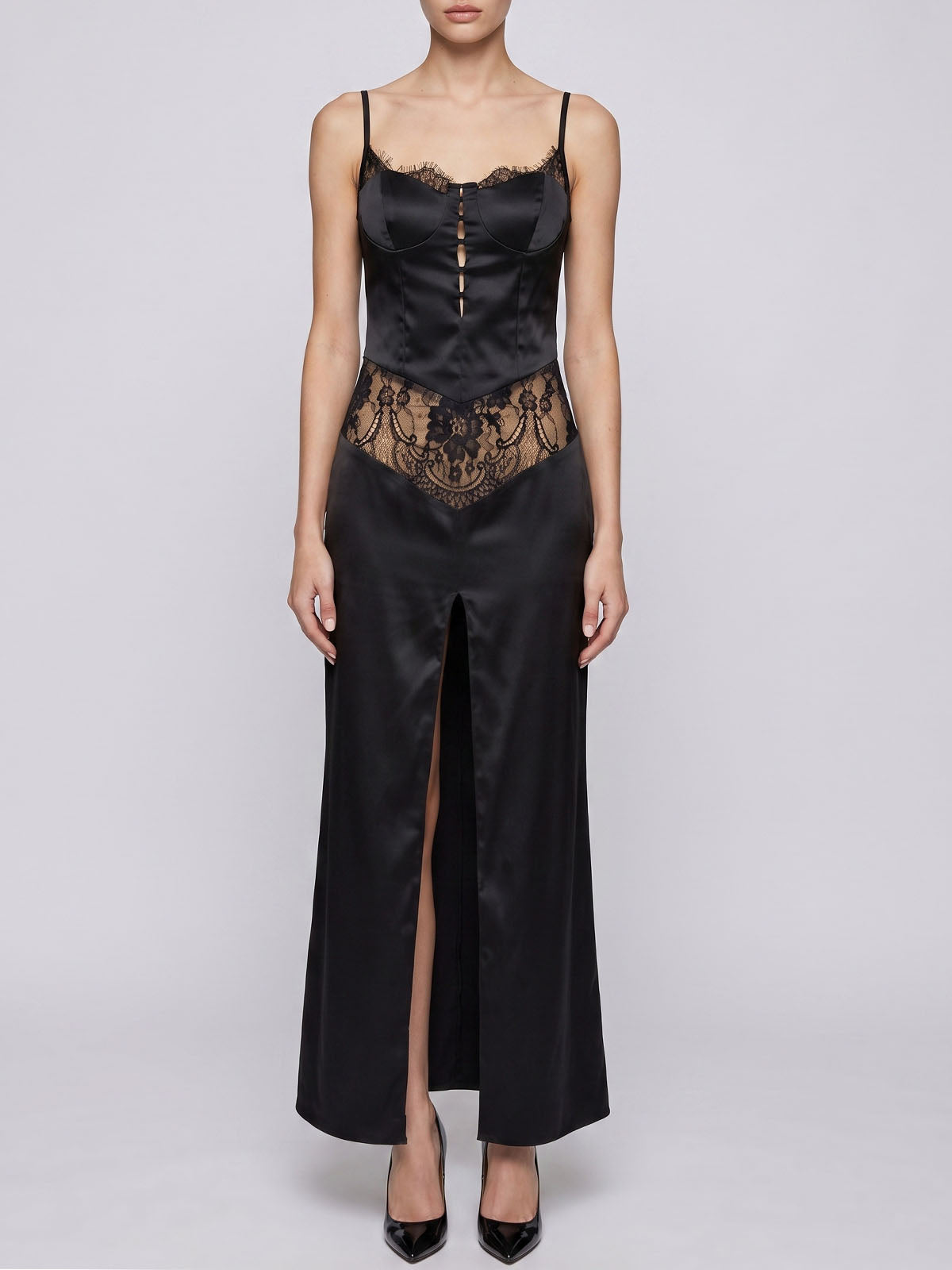 Sexy Lace Trim Bustier Spaghetti Slit Satin Formal Maxi Dress - Black