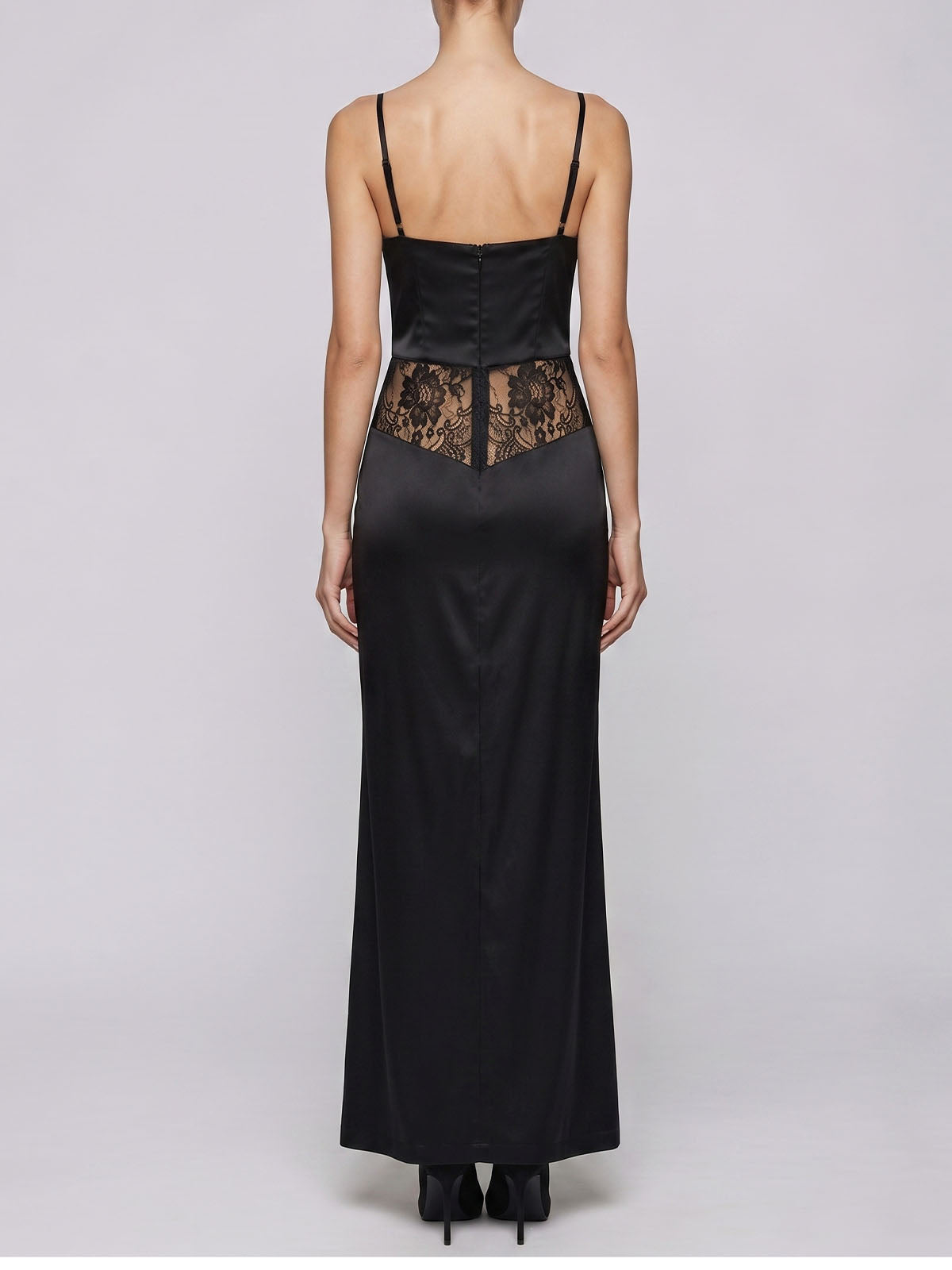 Sexy Lace Trim Bustier Spaghetti Slit Satin Formal Maxi Dress - Black