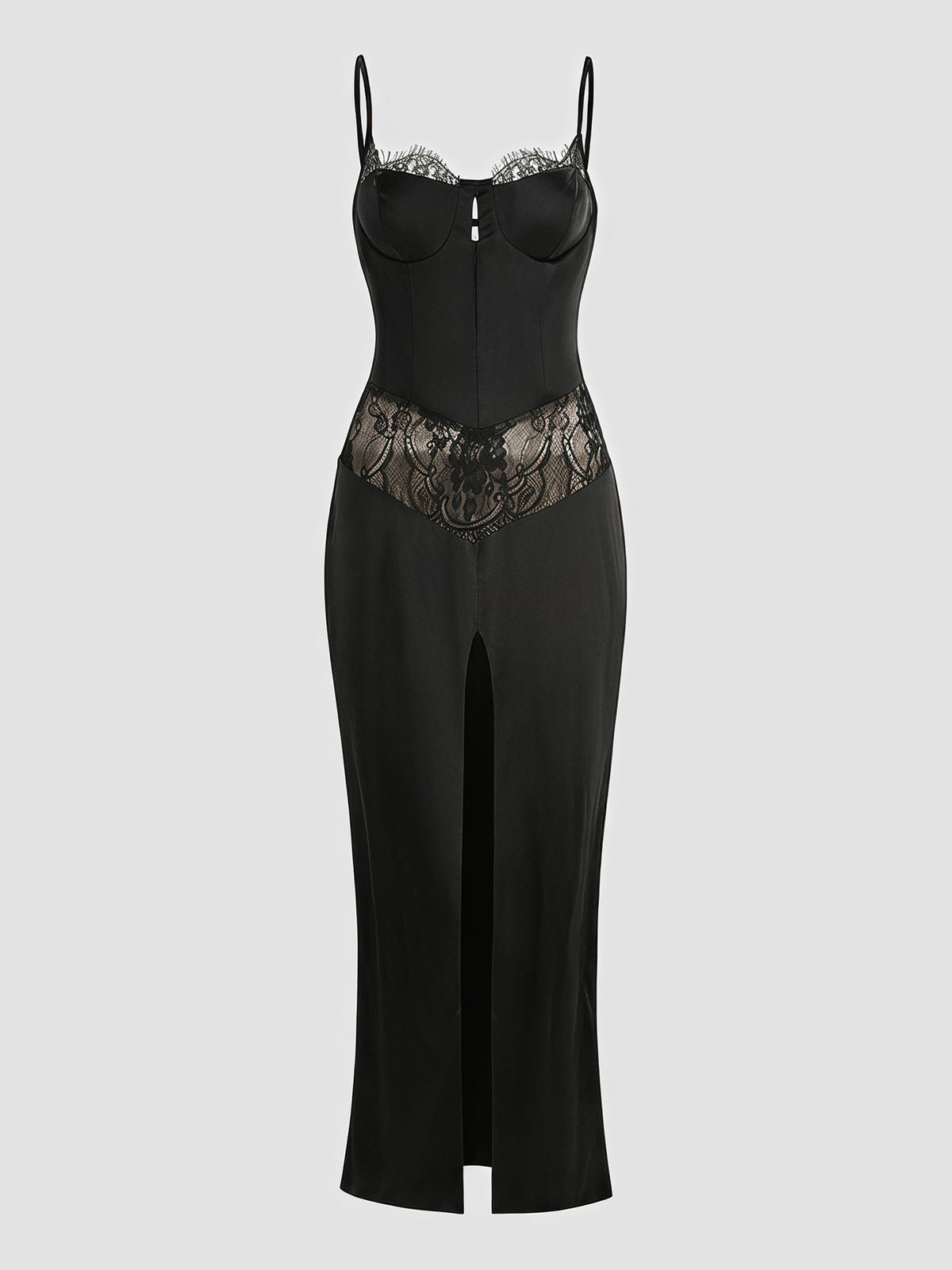 Sexy Lace Trim Bustier Spaghetti Slit Satin Formal Maxi Dress - Black