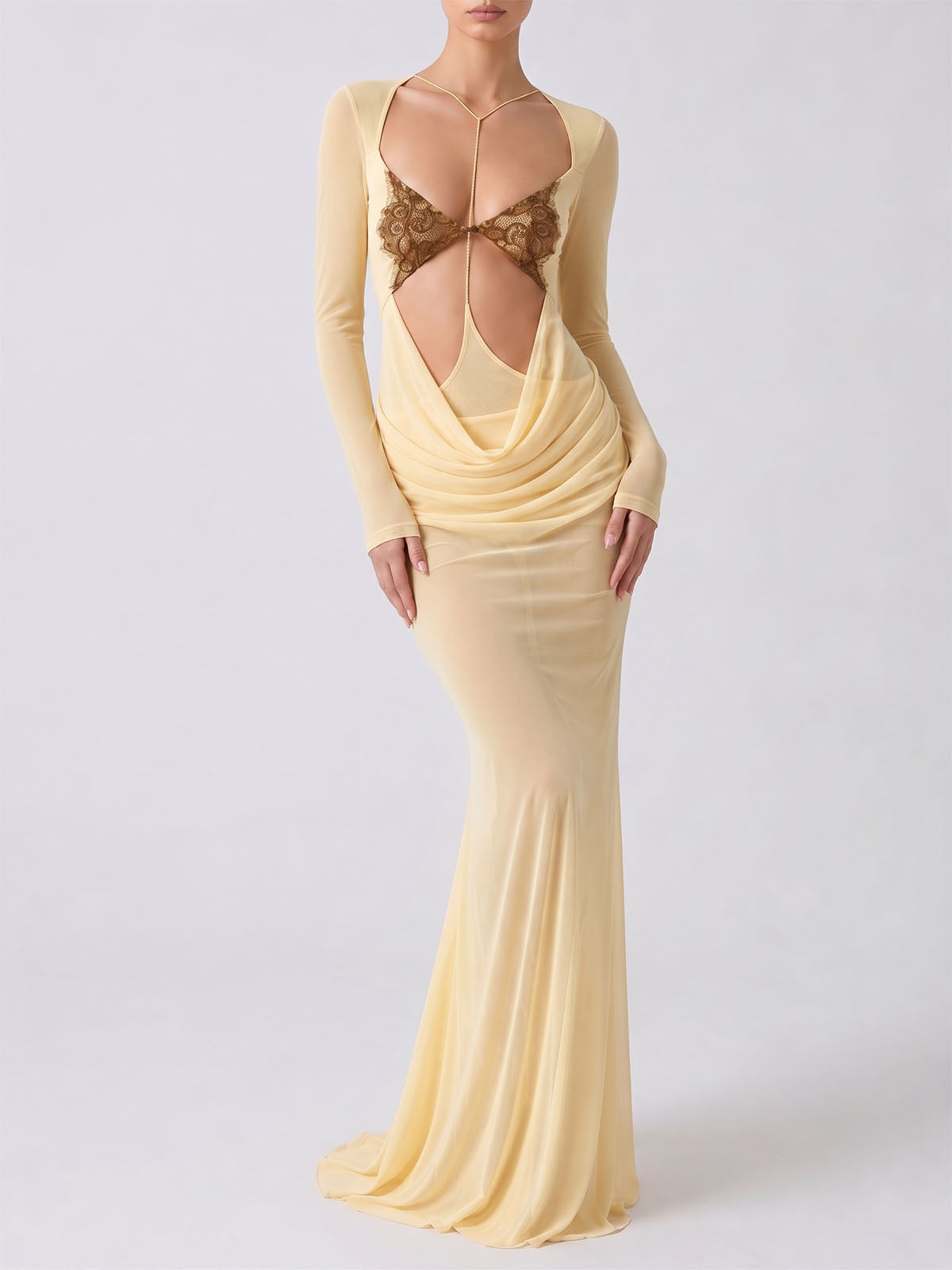 Sexy Lace Trim Cutout Draped Mermaid Mesh Maxi Dress - Light Yellow