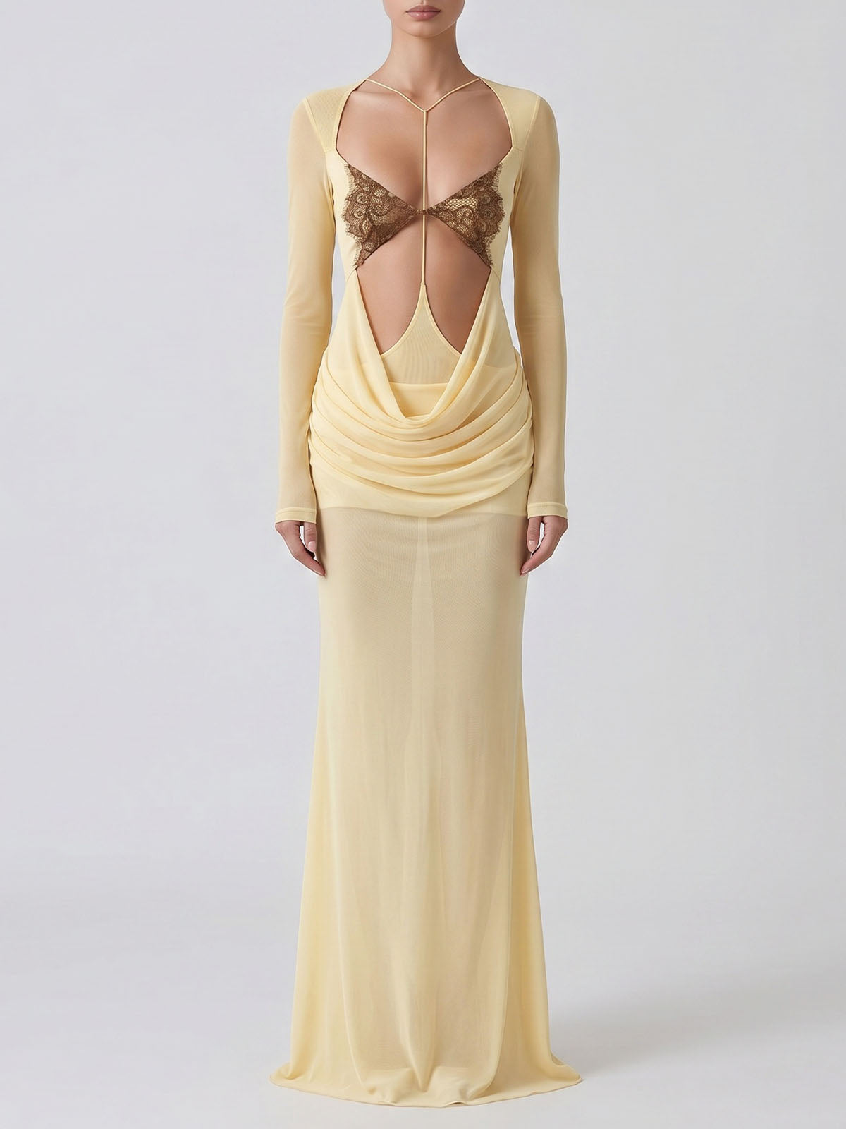 Sexy Lace Trim Cutout Draped Mermaid Mesh Maxi Dress - Light Yellow
