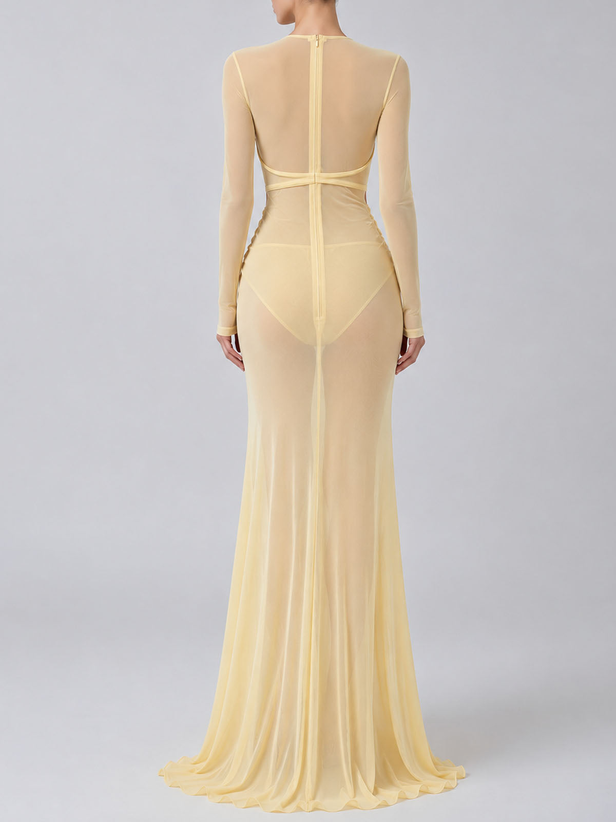 Sexy Lace Trim Cutout Draped Mermaid Mesh Maxi Dress - Light Yellow