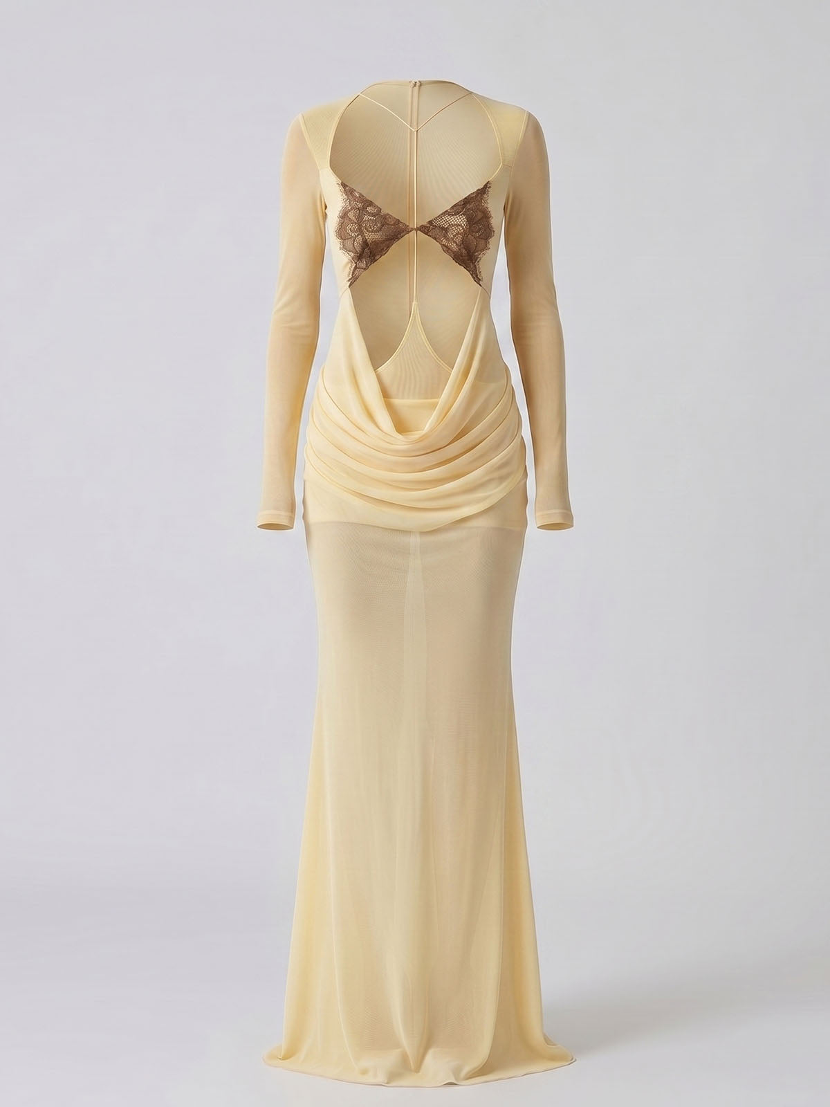 Sexy Lace Trim Cutout Draped Mermaid Mesh Maxi Dress - Light Yellow