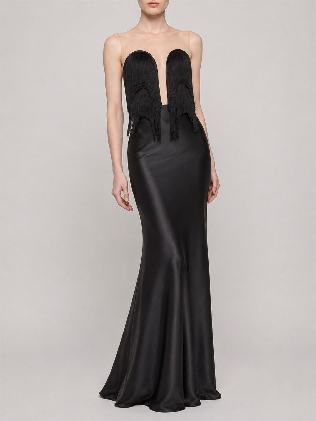 Sexy Mesh Panel Cutout Back Fringe Satin Mermaid Maxi Dress - Black