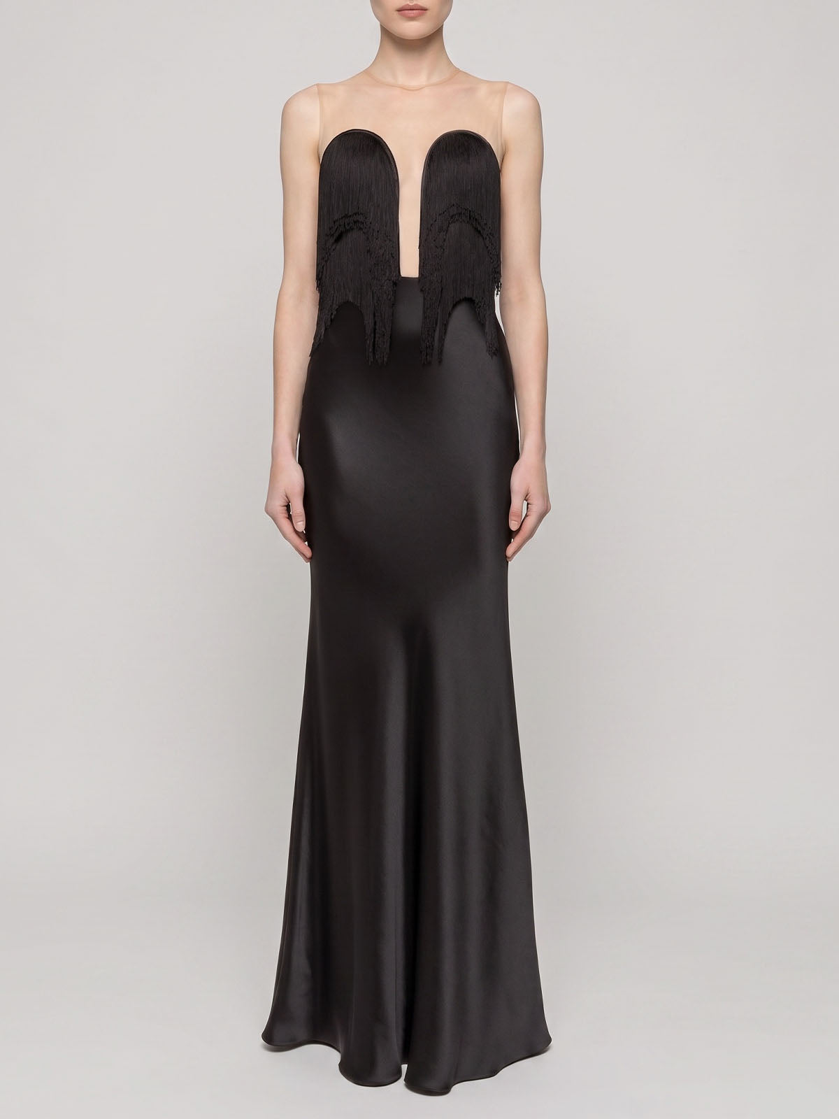 Sexy Mesh Panel Cutout Back Fringe Satin Mermaid Maxi Dress - Black