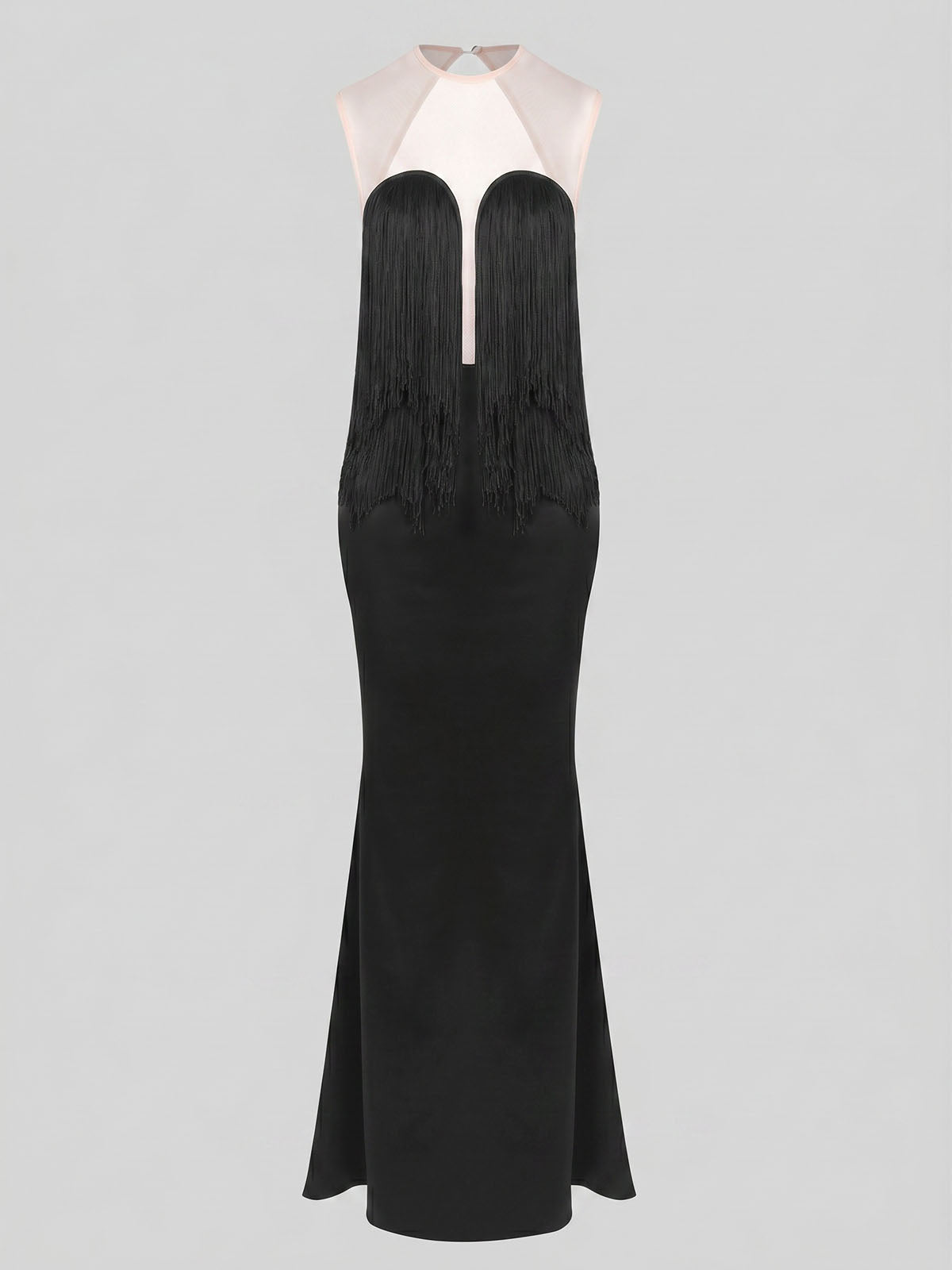 Sexy Mesh Panel Cutout Back Fringe Satin Mermaid Maxi Dress - Black