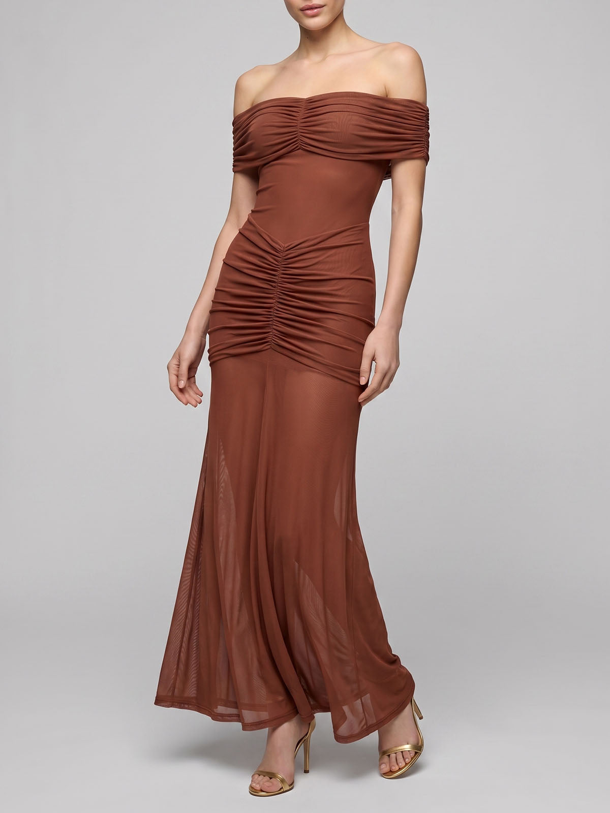 Sexy Off Shoulder Ruched Mesh Mermaid Formal Maxi Dress - Brown