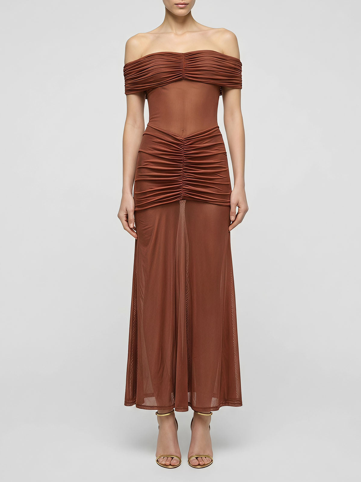 Sexy Off Shoulder Ruched Mesh Mermaid Formal Maxi Dress - Brown