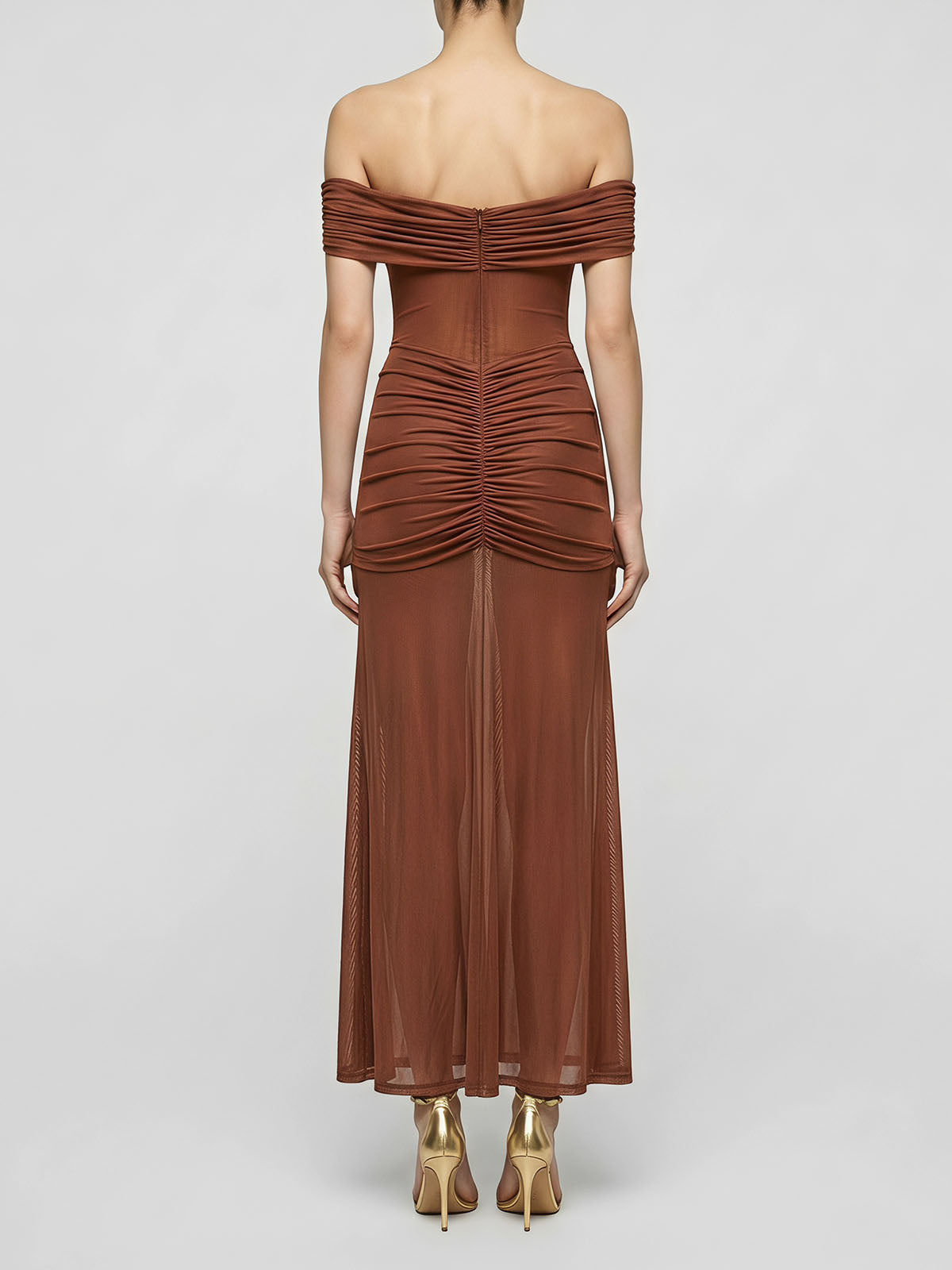 Sexy Off Shoulder Ruched Mesh Mermaid Formal Maxi Dress - Brown