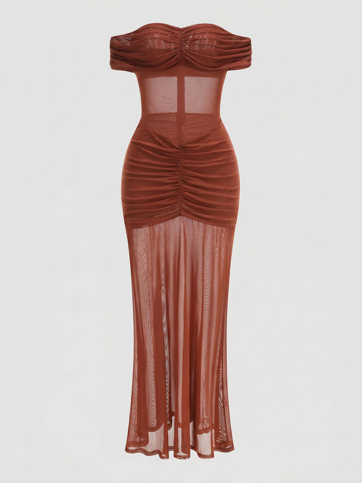 Sexy Off Shoulder Ruched Mesh Mermaid Formal Maxi Dress - Brown